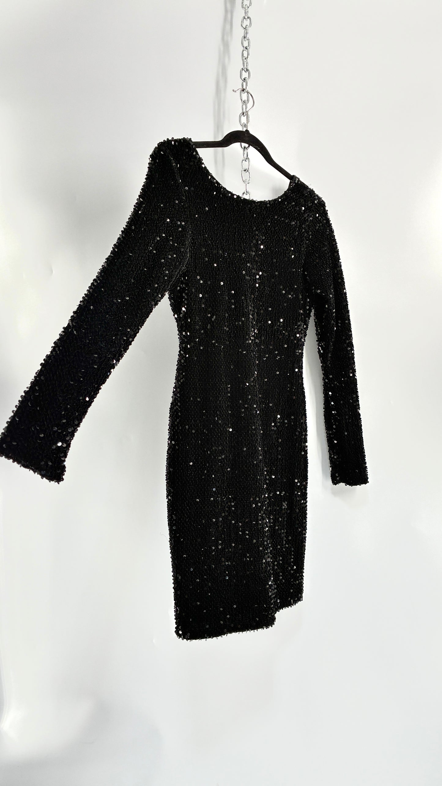MOTEL Black Thick Velour and Sequin Long Sleeve Bodycon Mini Dress (Medium)