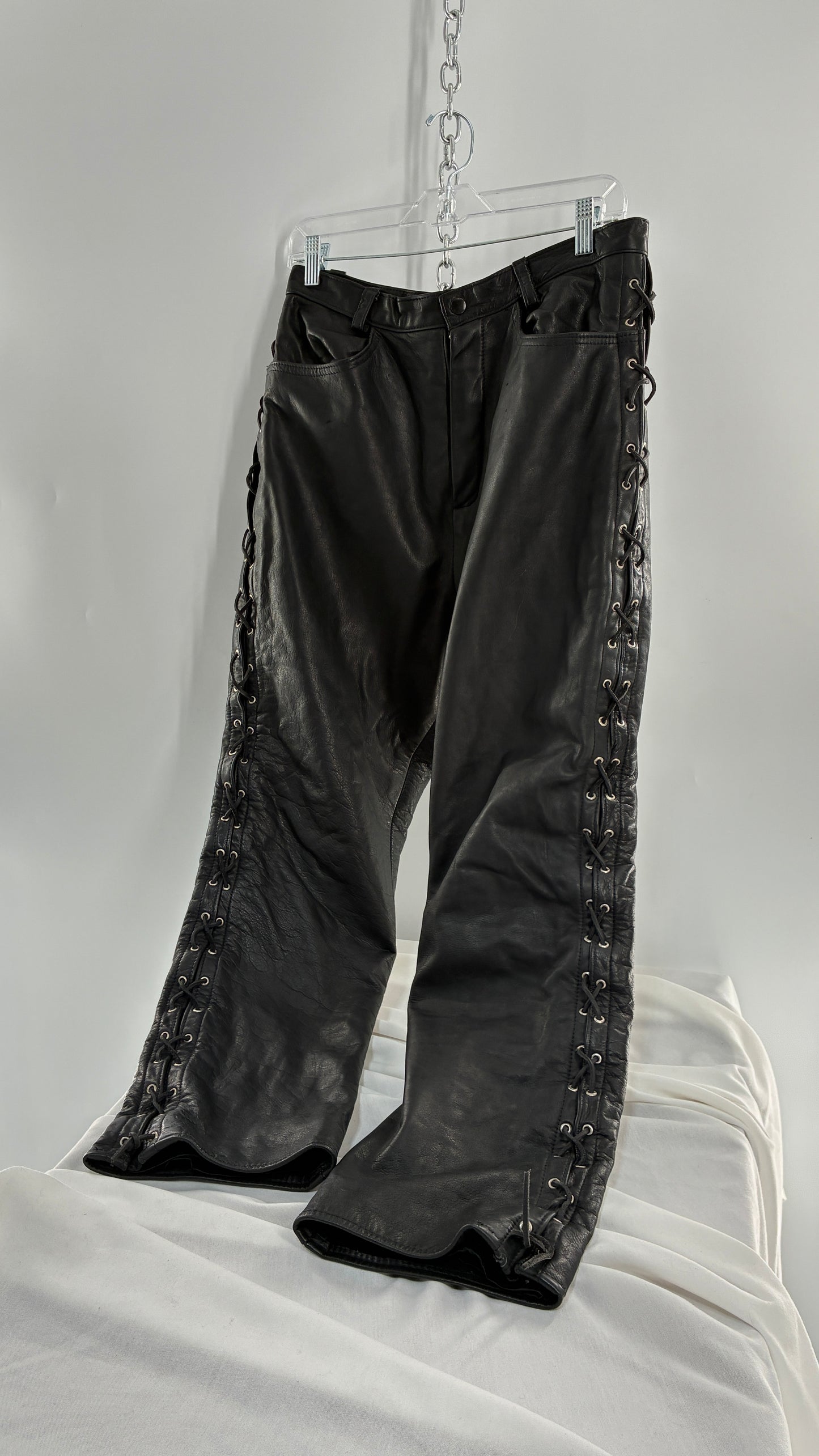 Vintage Thick Ultra Soft Black Leather Pants with Tie Up Sides (Medium)