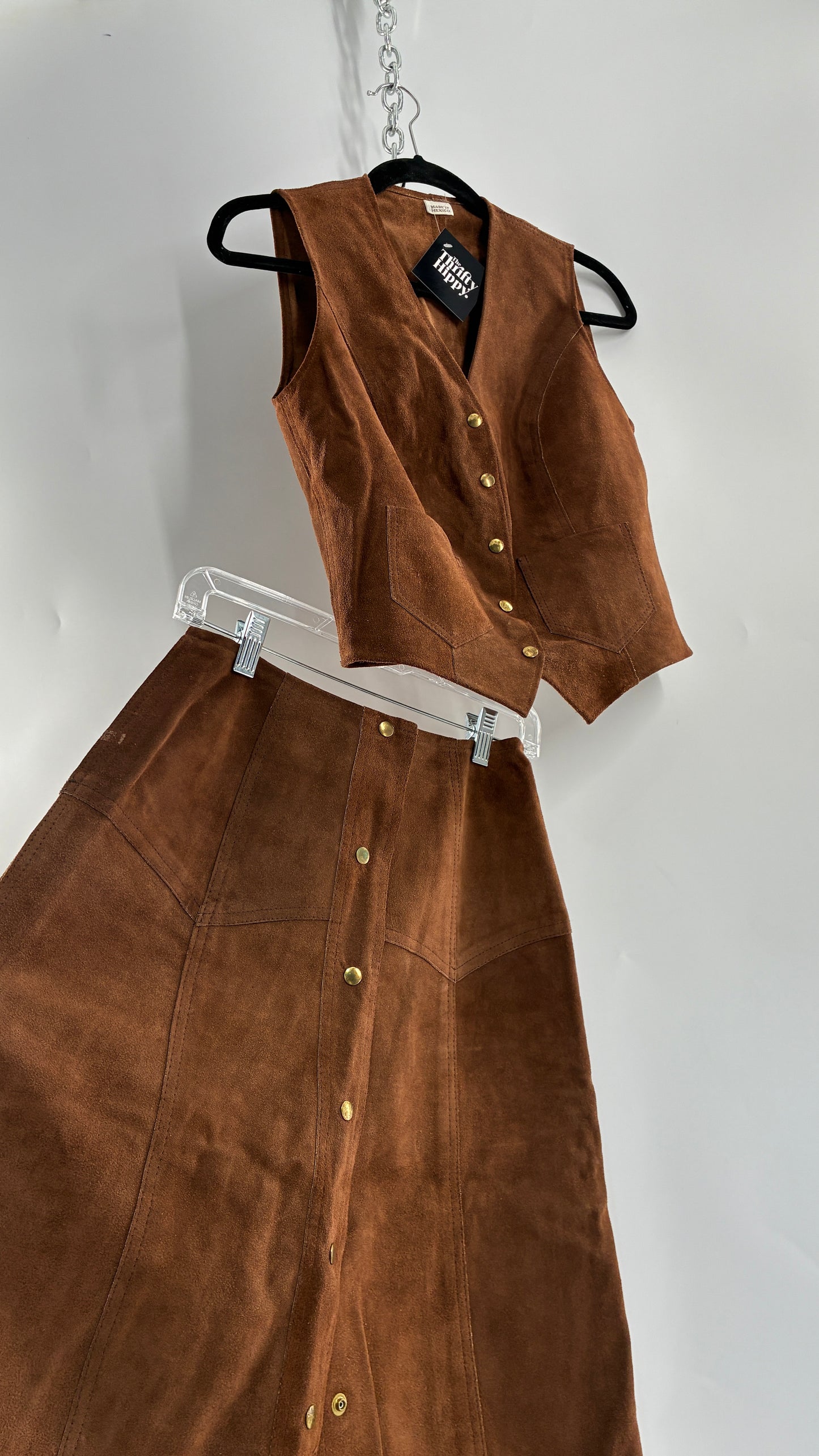Vintage 1970s Genuine Suede Brown Leather Button Front Skirt and Vest Made in Mexico (XS/S)