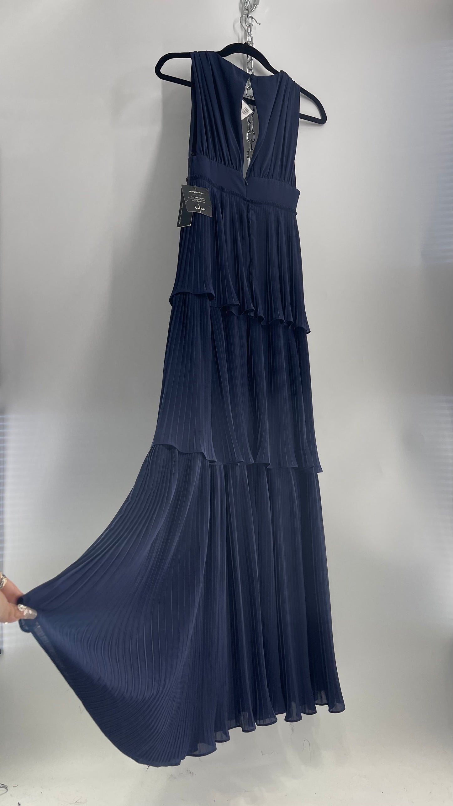 Lulu*s Pleated Navy Blue Floor Length Gown with Three Tiers and Tags Attached (XS)