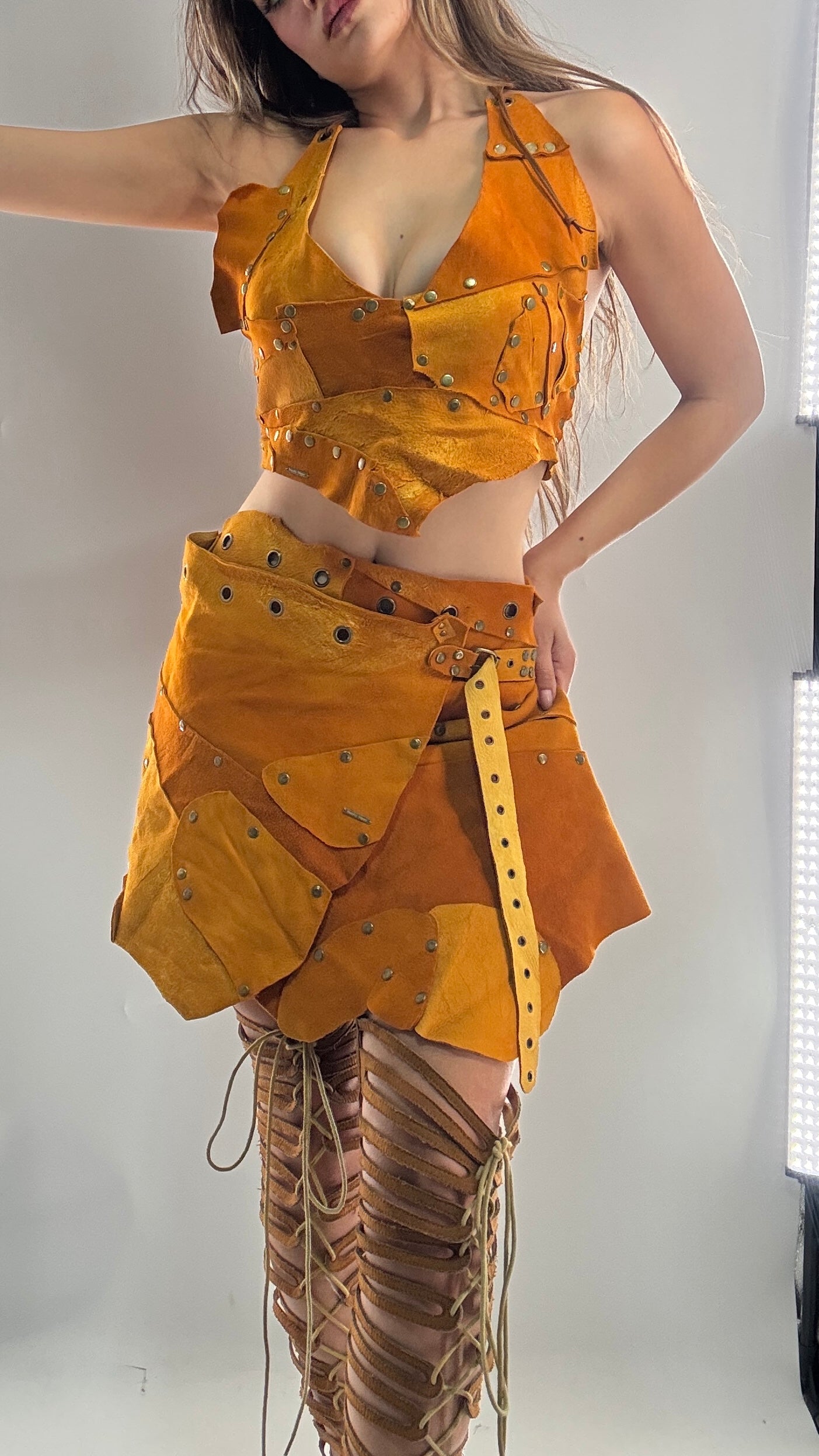 Handmade 1 of 1 and Pressed Genuine Suede and Pebbled Leather Reversible Corset Top and Grommet Skirt Set (XS-M)