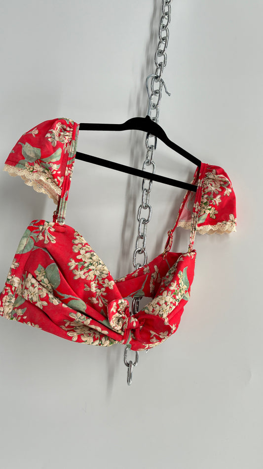 MONTCE Free People Pink Floral Tie Bust Swim Top with Cap Sleeves, Lace Edges, and Tags Attached (Medium)