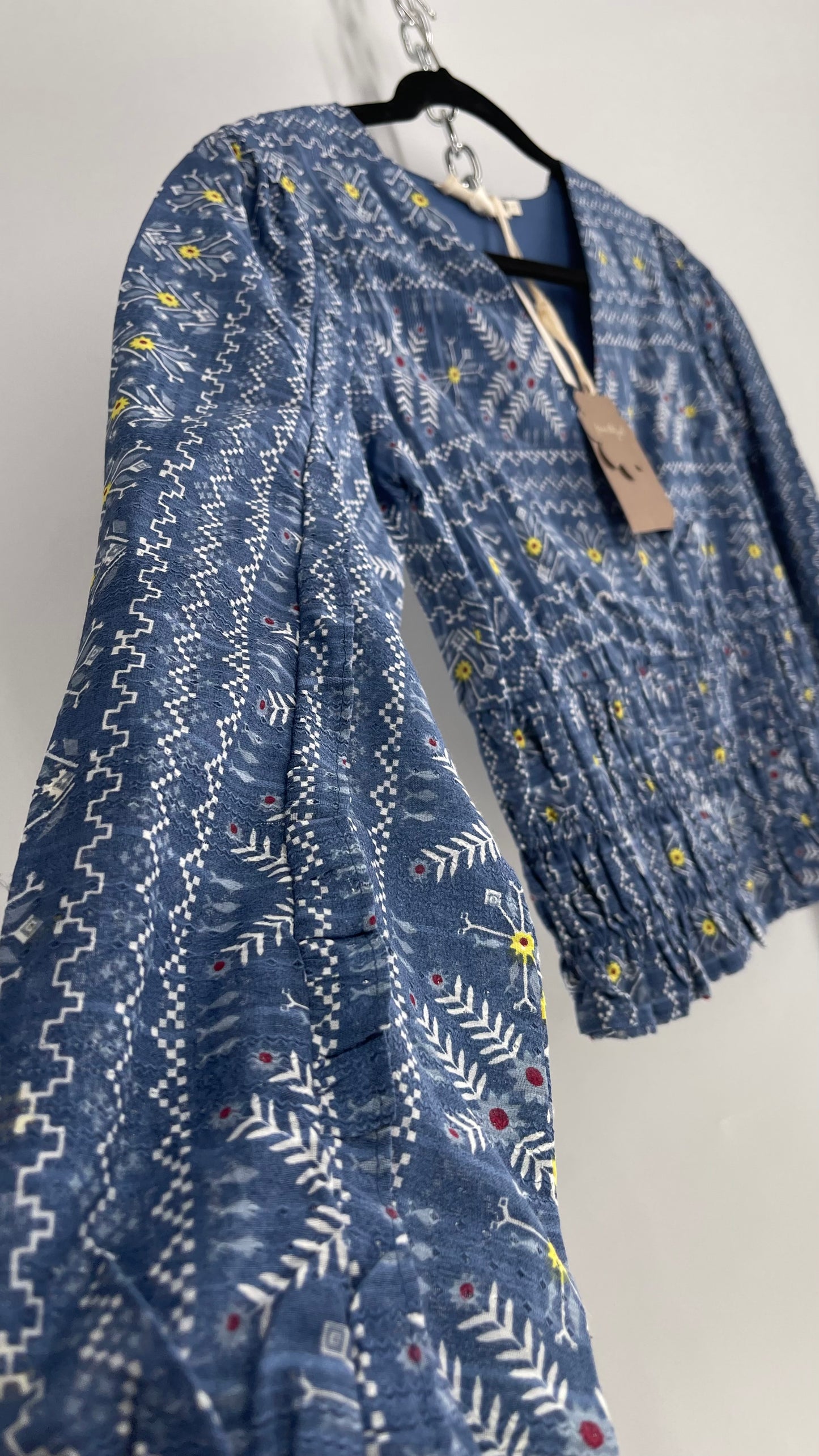 Flower That Girl Anthropologie Blue Patterned Blouse with Tags Attached (XS)