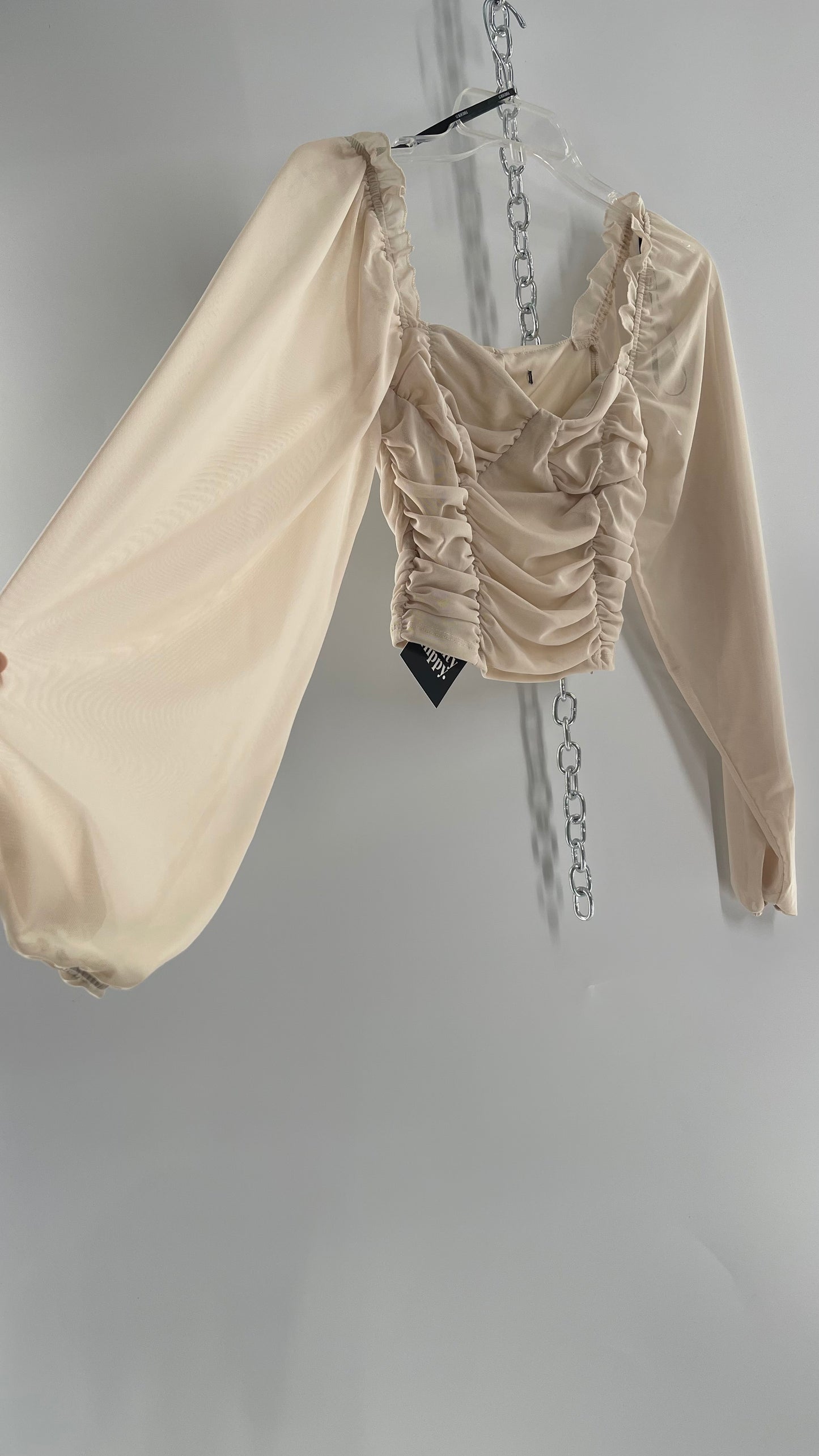 Beige Ruched Corseted Balloon Sleeve Blouse (Small)