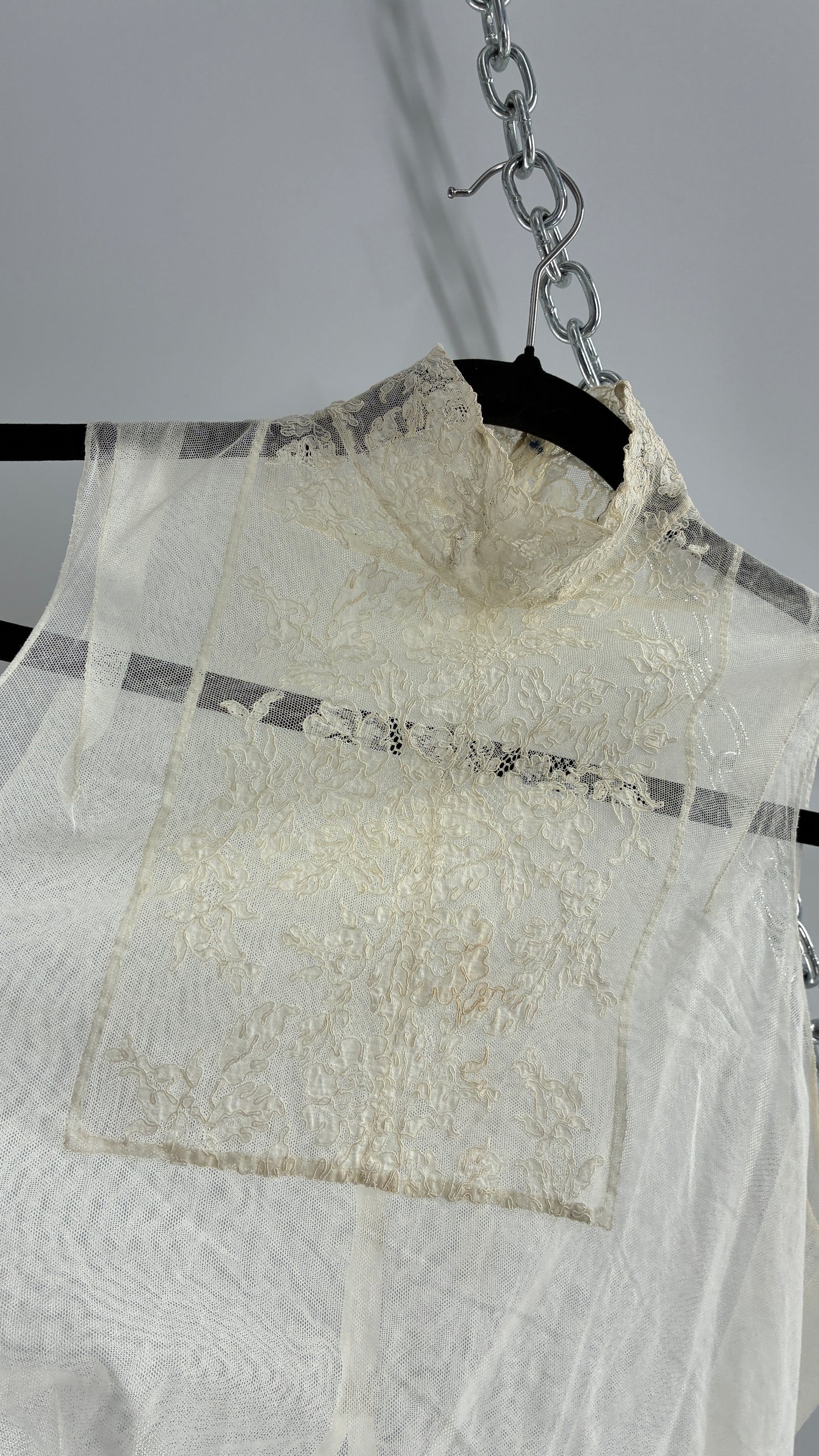 Vintage Antique Sheer Delicate Mesh, Mock Neck, Lace Paneled Camisole with Drawstring Waistline (XS/S)