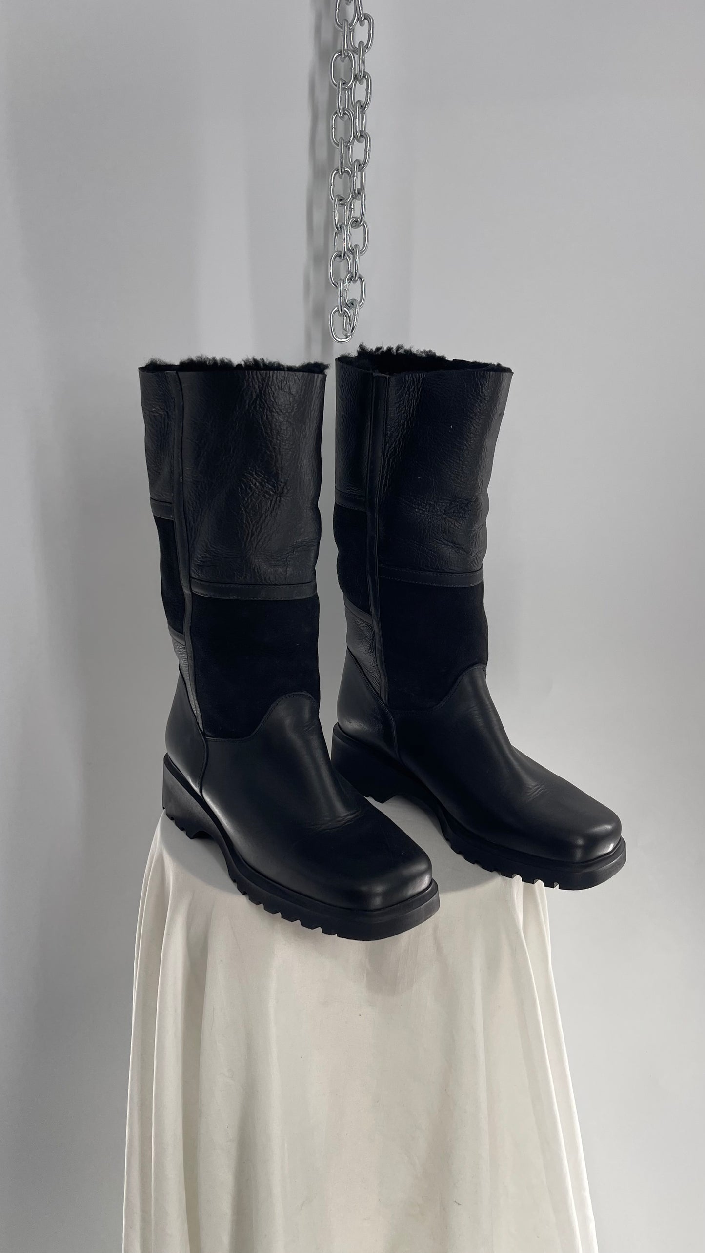 Vintage 1990s LA CANADIENNE Mixed Panel Suede and Patent Leather, Square Toe, Fur Lined Boots (10)