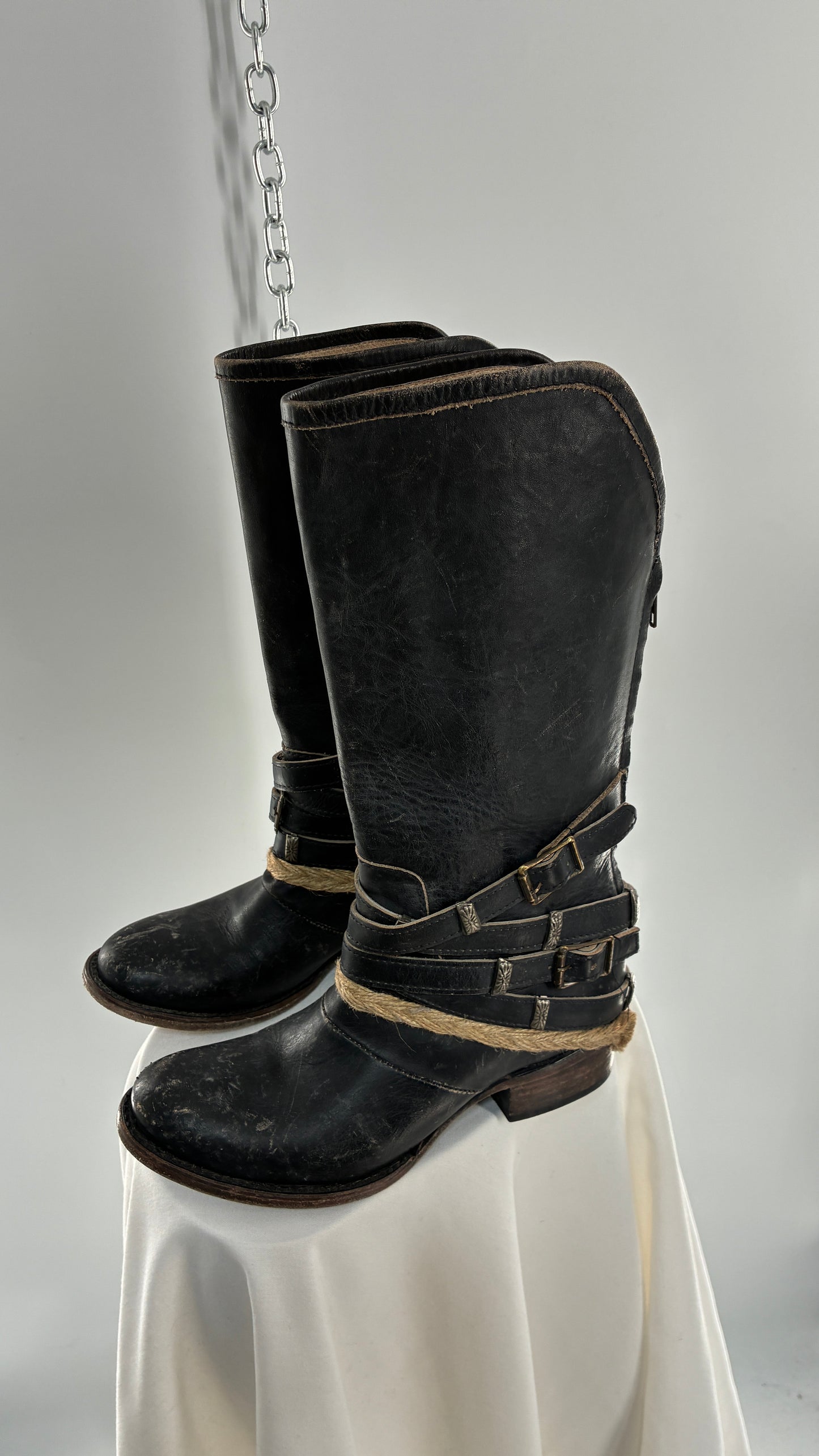Vintage FREEBIRD Drove Distressed Black Leather Boot with Buckle Detailing (8)