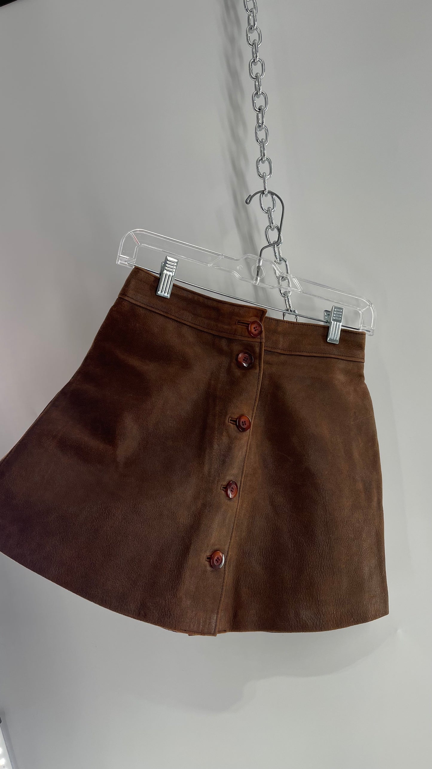 Vintage 1970s Brown Leather Button Front Mini Skirt (XS)