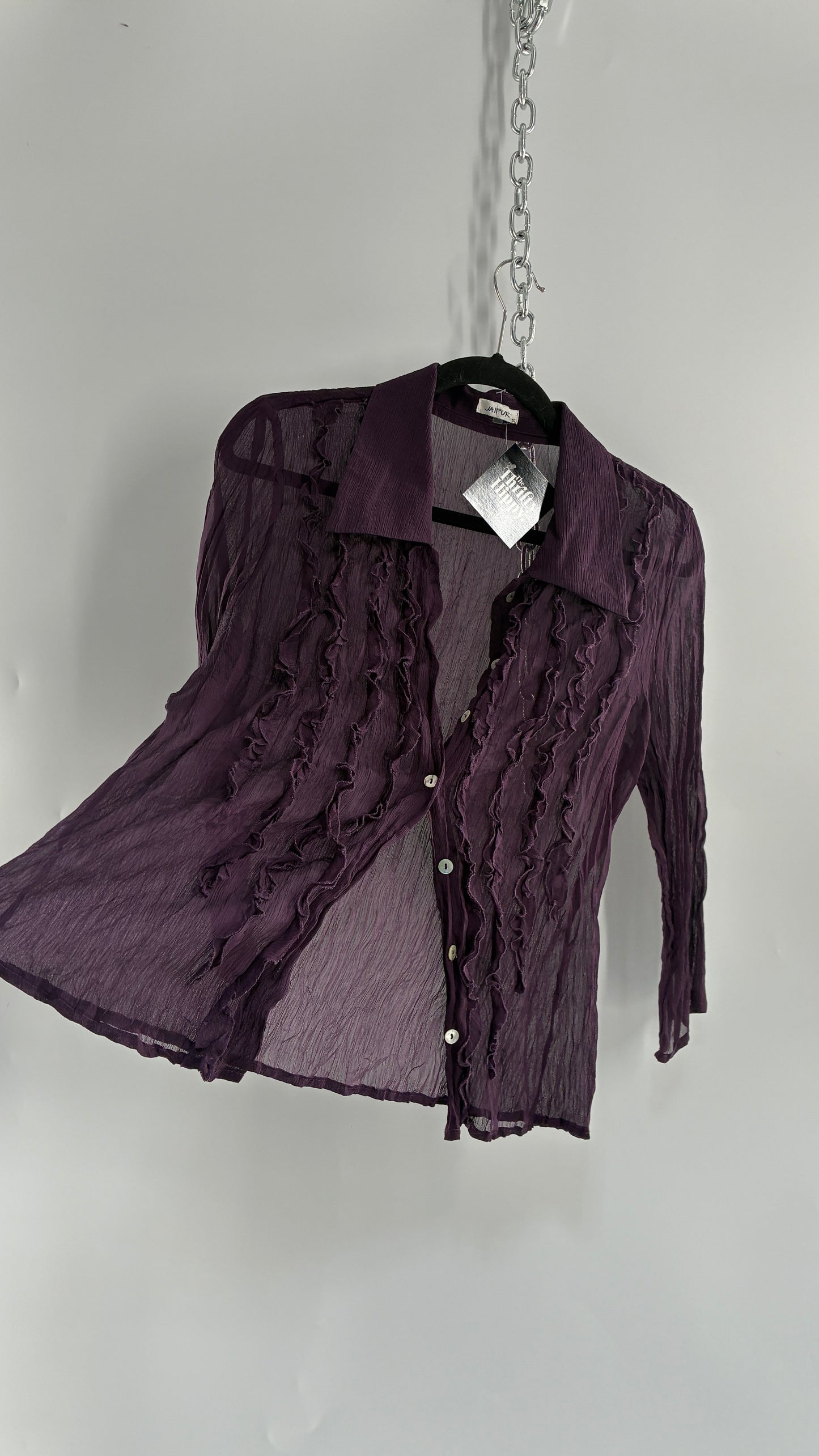 Vintage 1990s JAIPUR Purple Crimped Button Blouse with Ruffled Details (Small)