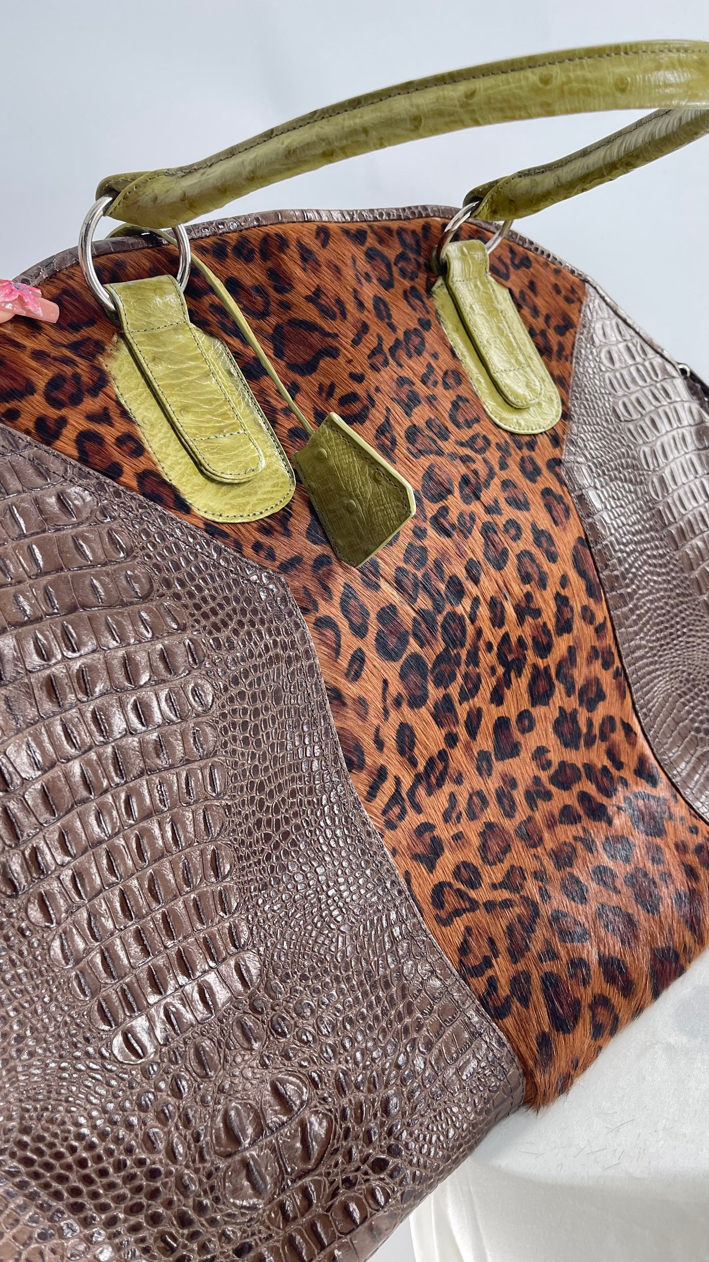 CLÉO & PATEK PARIS Leather Crocodile Texture Sides, Ostrich Texture Straps and Cheetah Fur Texture Center with Velvet Lining