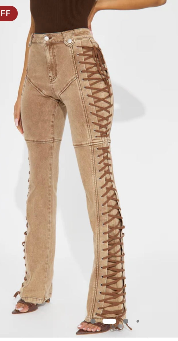 FASHION NOVA Side Tie Faded Brown Jeans (Medium)