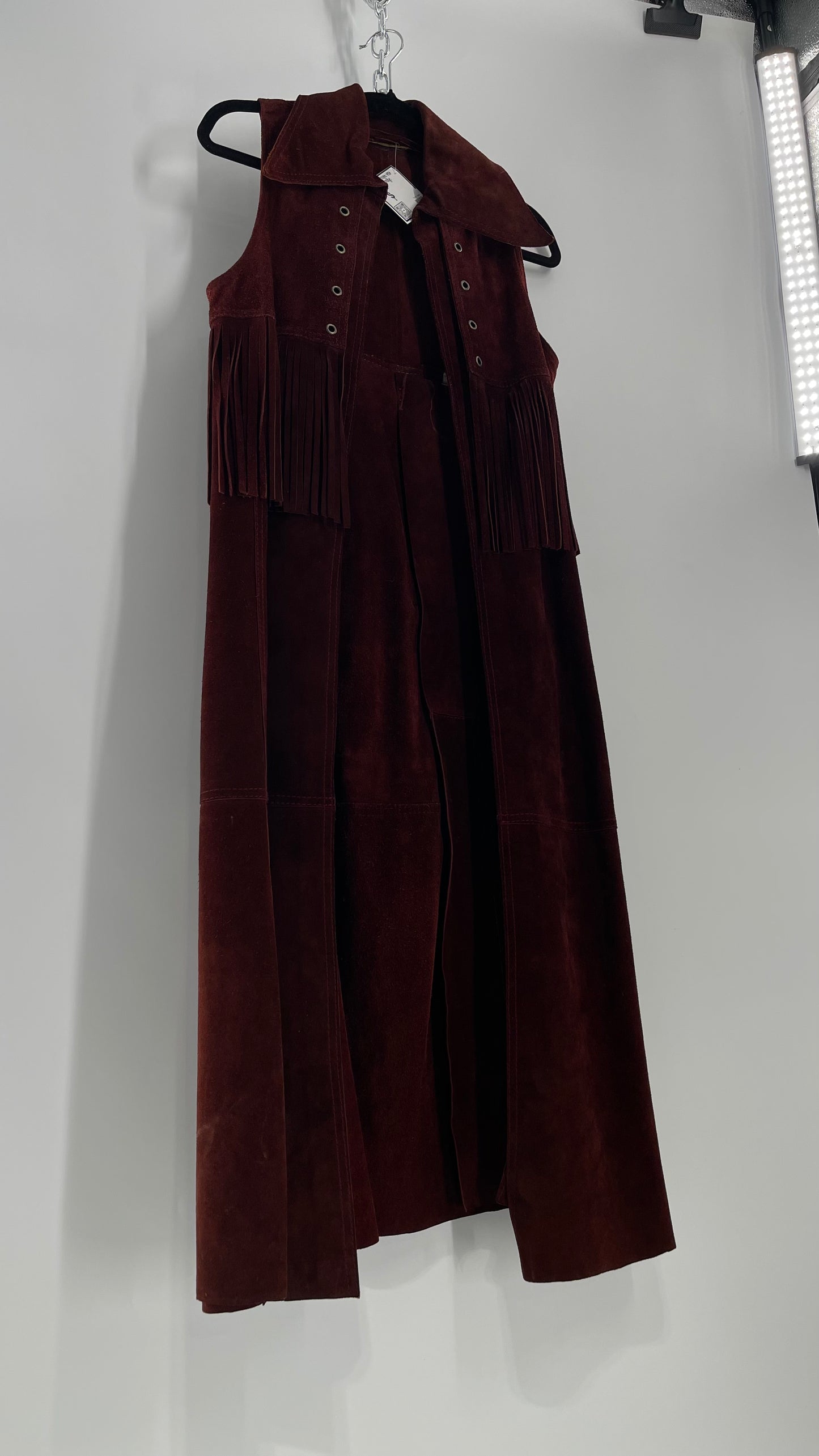 Vintage 1970s Suede Leather Full Length Reddish Brown Vest (S/M)