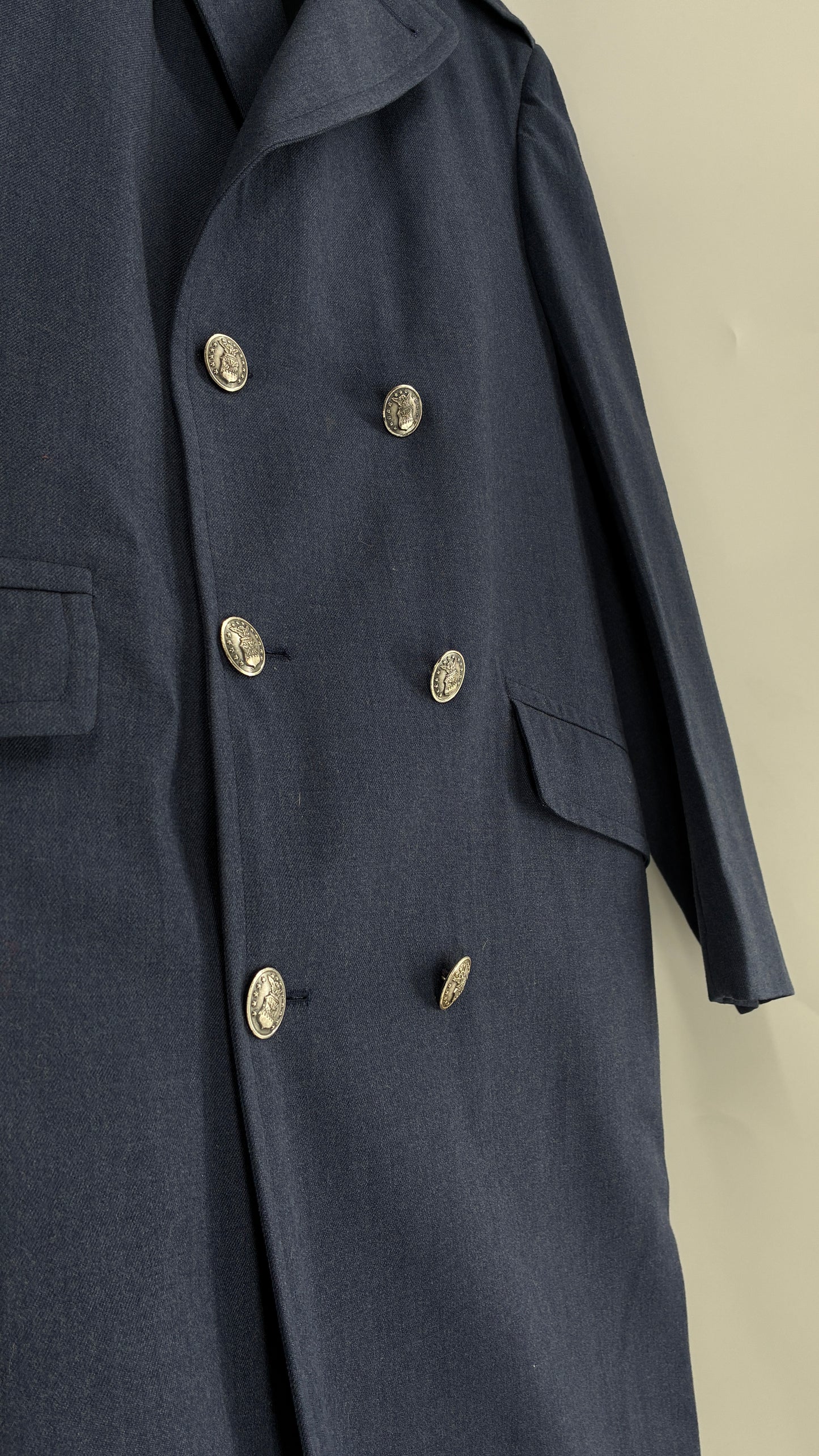 Vintage Military Style Navy Blue Woven Heavy Duty Long Coat