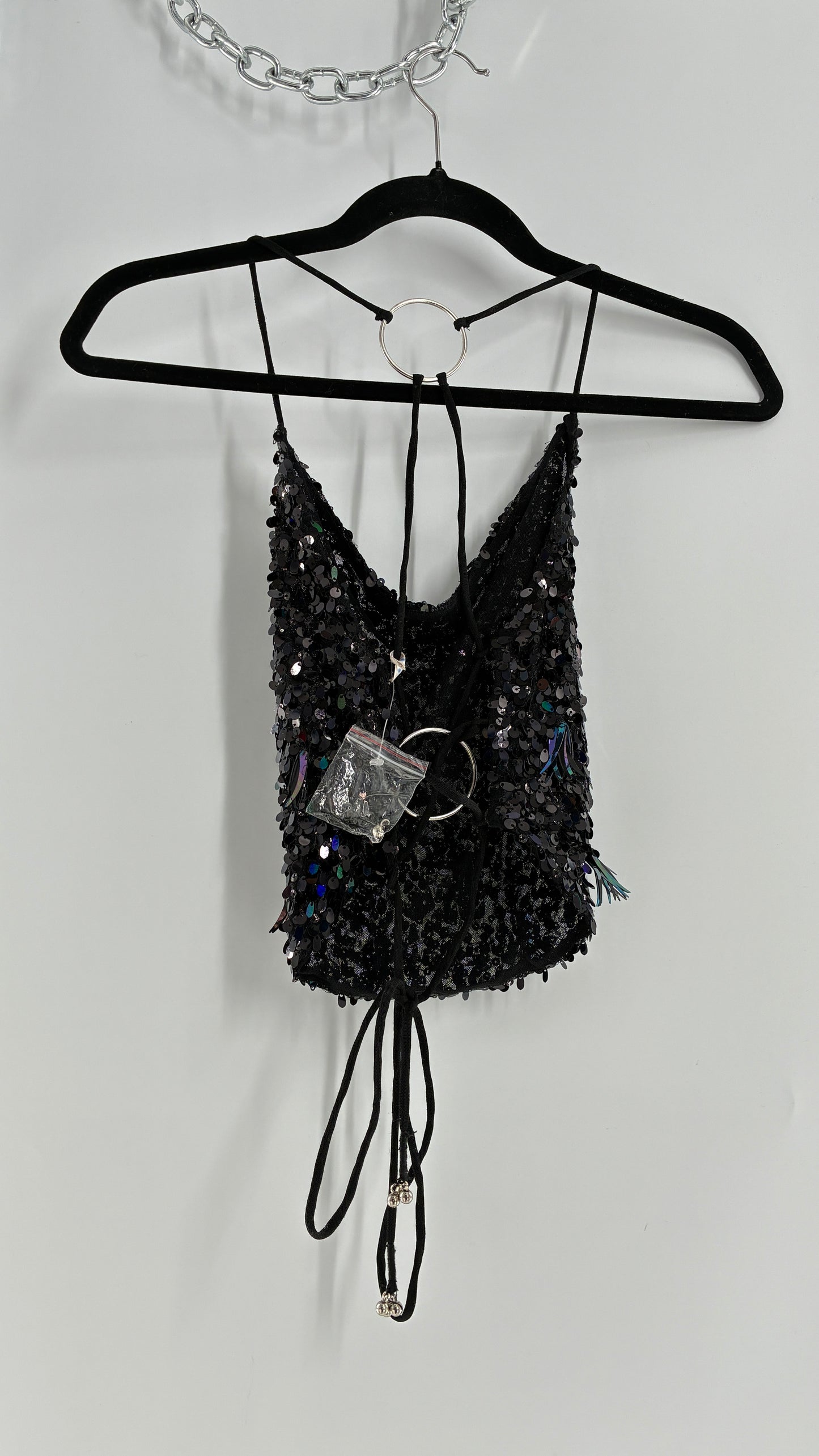 Free People Black Open, Tie Up Back Camisole Covered in Sequins with Silver Hoop Details (XS)