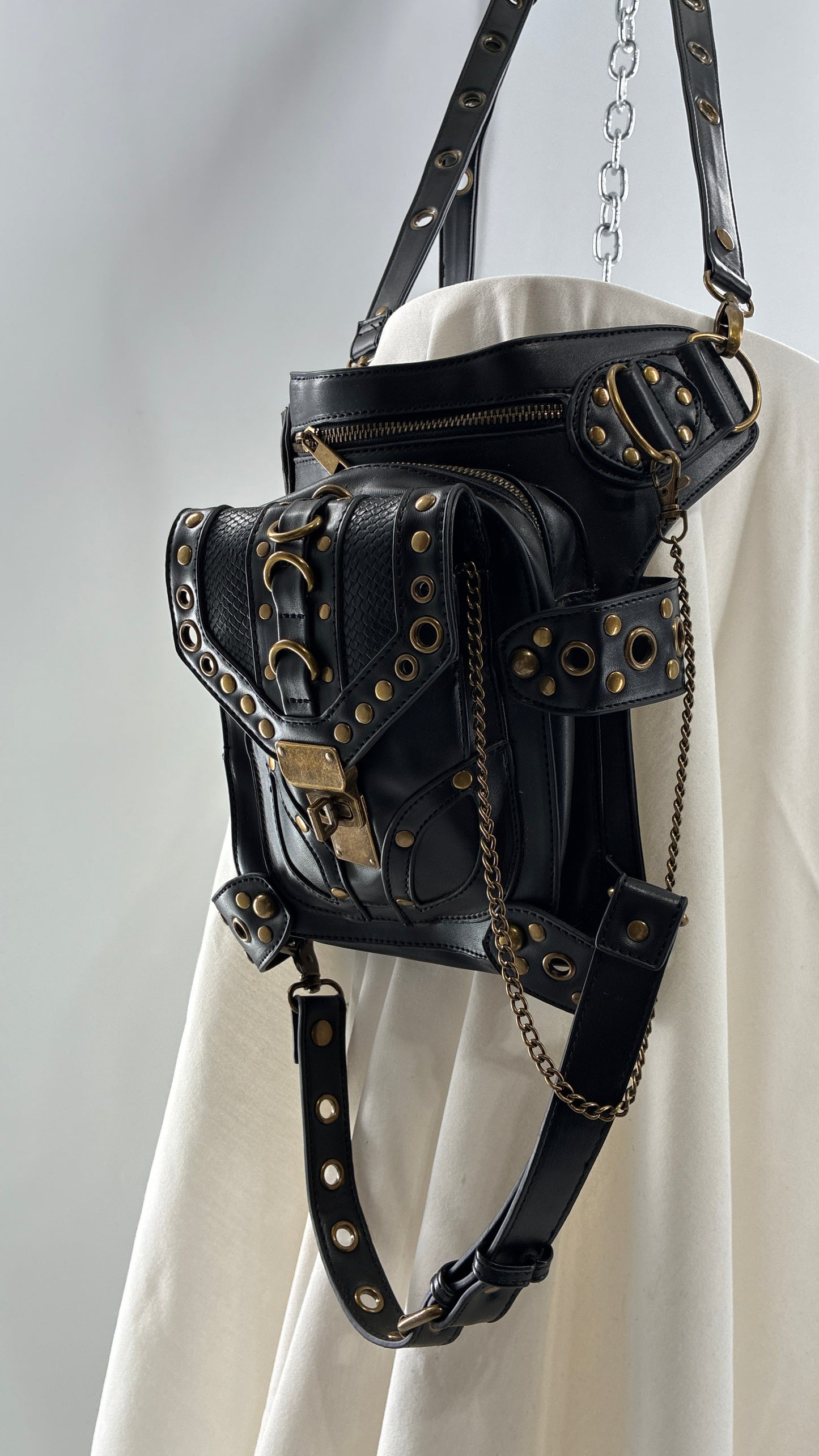 Vintage Bronze Studded, Leather Thigh Strap Crossbody Bag