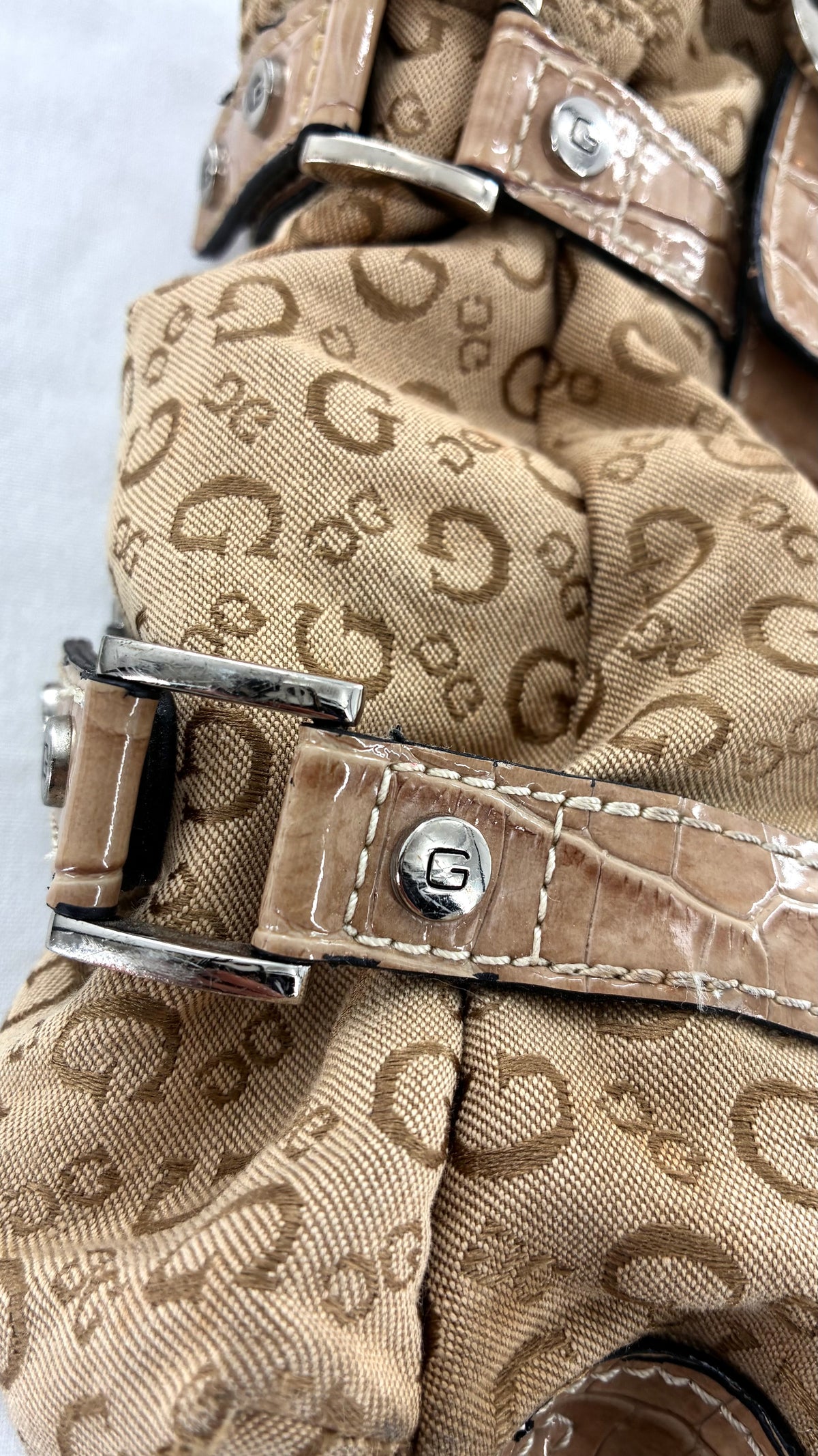 Vintage Guess Tan Monogram Shoulder Bag With Croc-Embossed Trim
