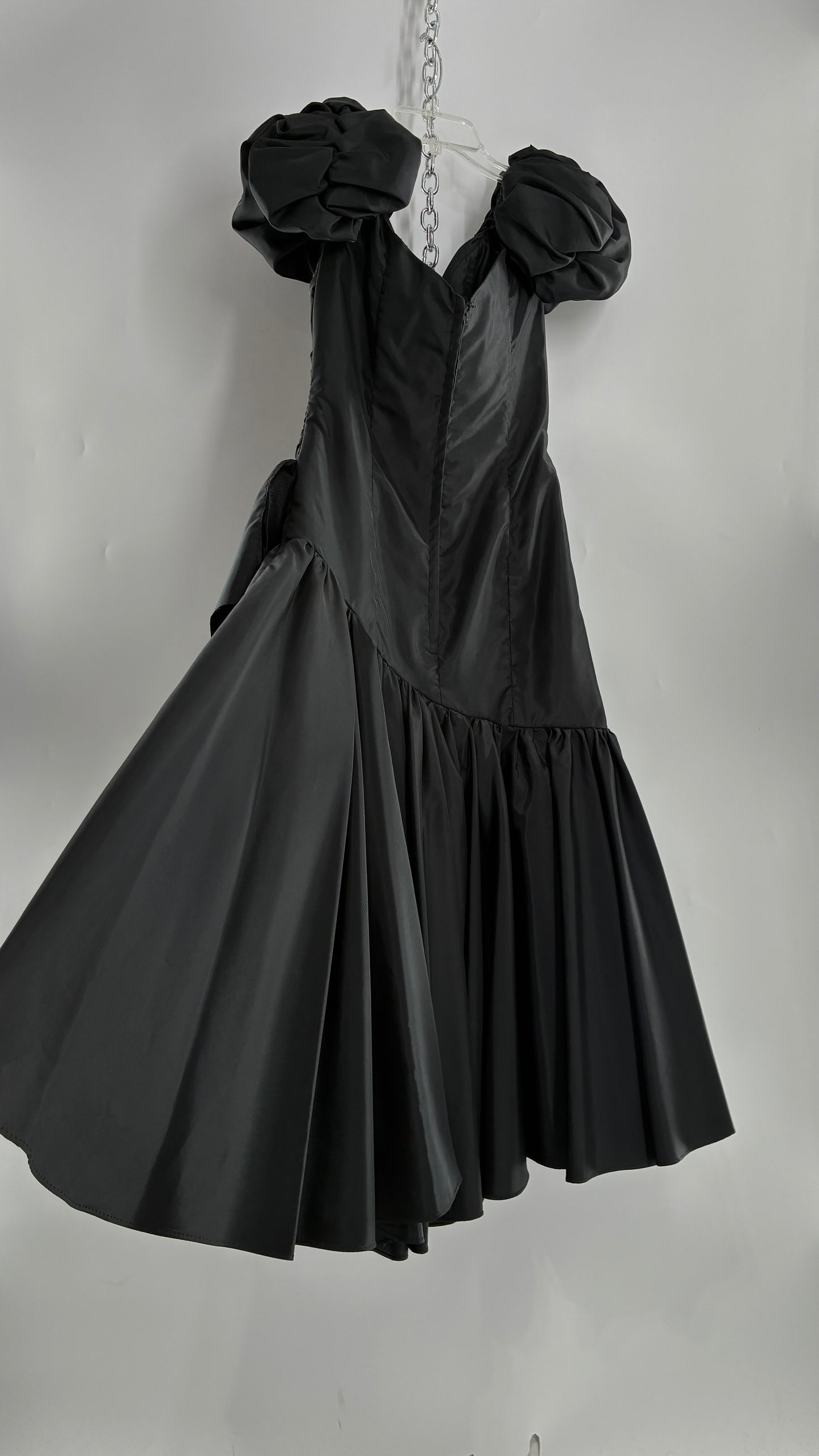 Vintage 1980s Black Gown with Ruched Bodice, Exaggerated Puff Sleeves, and Tiered Skirt (Measured)