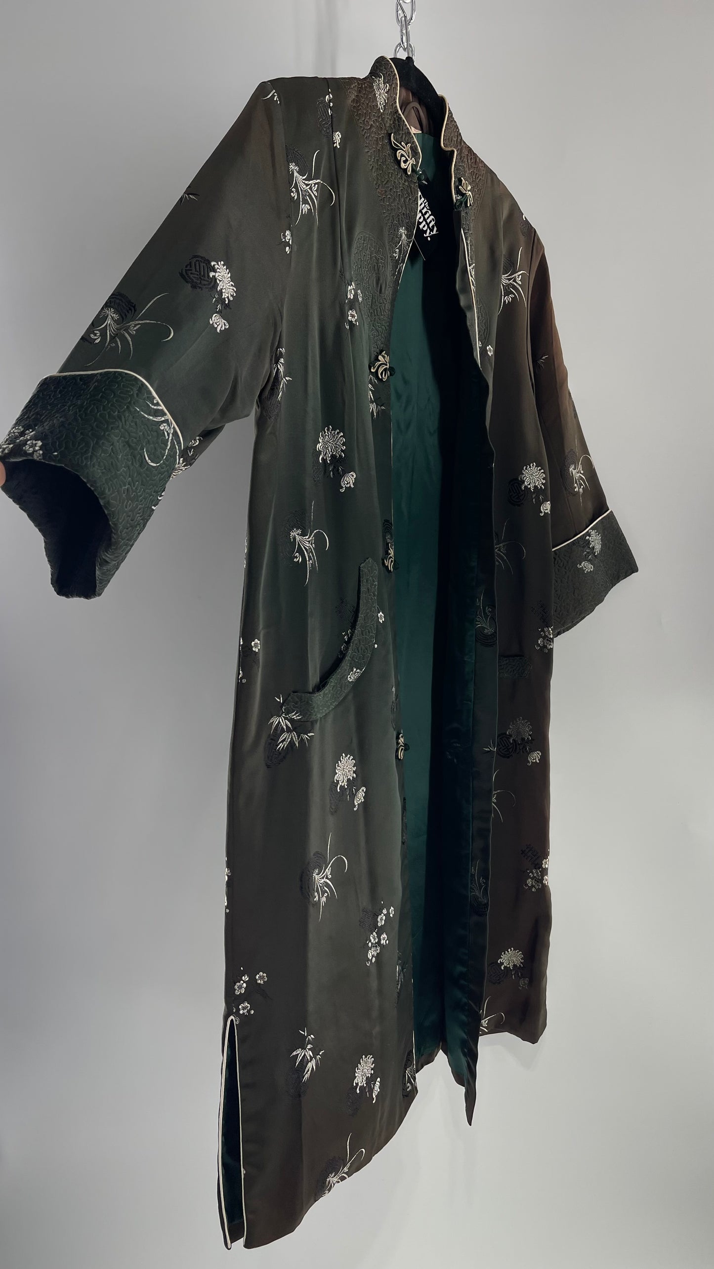 Vintage Hong Kong, Hand Made, Dark Green Silk Kimono Coat/Smoking Jacket (38)