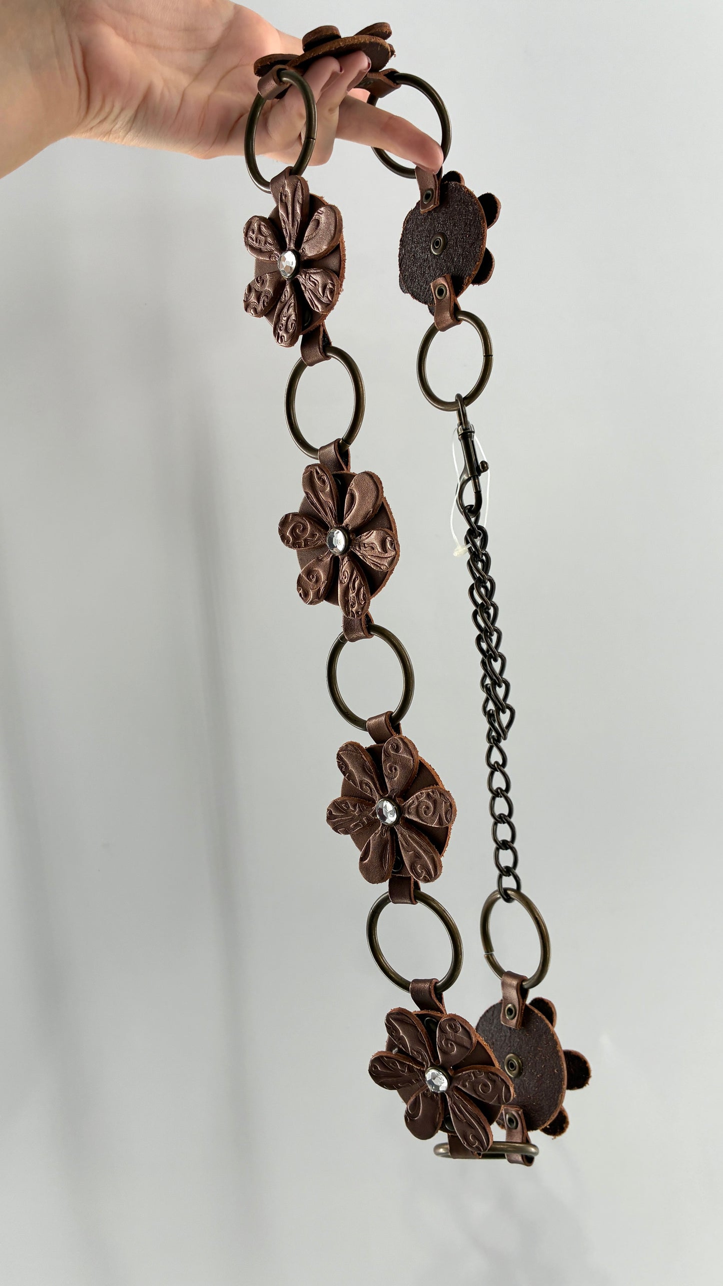 Vintage RELIC Brown Bronze Leather Flower Chain Belt with Rhinestones (M/L)