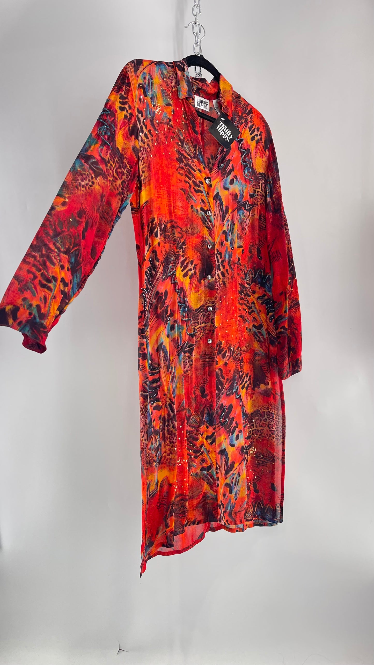 Vintage CHICOs Burnt Orange Sheer Duster Coat with Mixed Animal Print and Embroidery/Beading (XL)