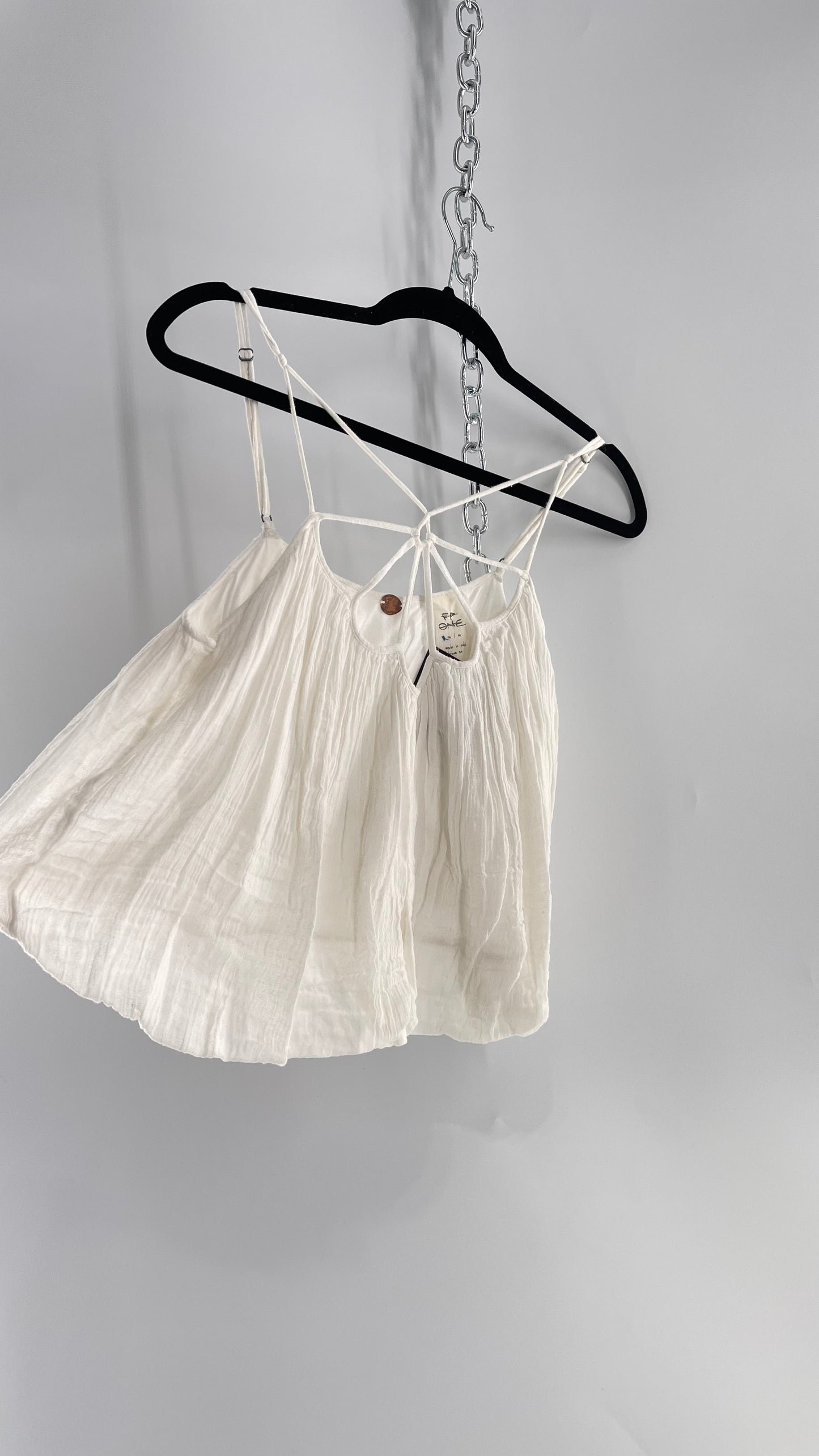 Free People White Cotton Bubble Sleeveless Blouse with Strappy Neckline (M)