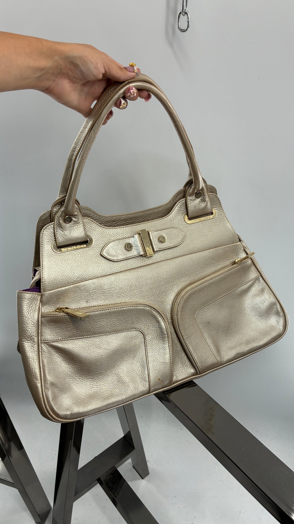 Vintage NOTTINGHILL DESIGNS Westbourne Metallic Champagne Genuine Leather Pocketed Bag with Exaggerated Hardware As Seen on Gossip Girl