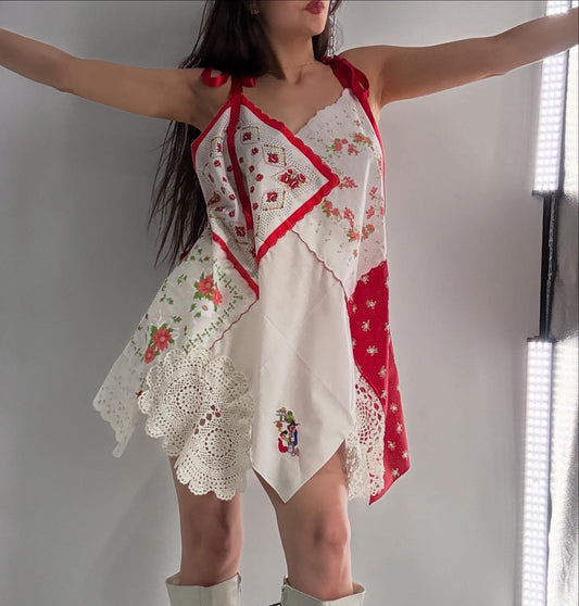 Vintage Red Handmade Handkerchief Backless Mini Dress (XS-L)