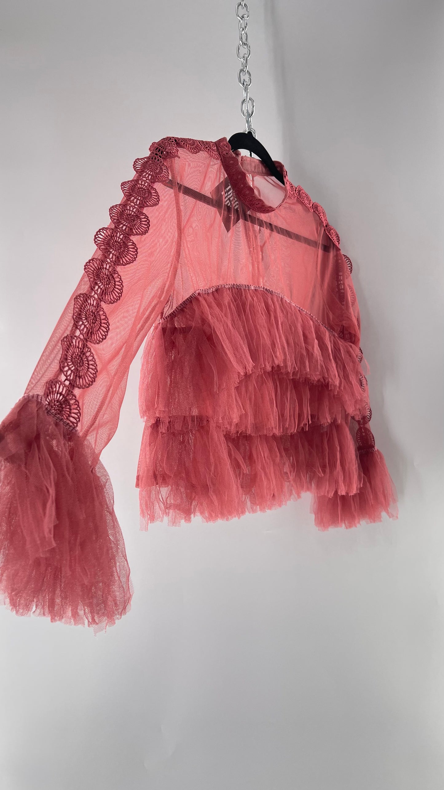 Ups & Downs Pink Mesh Blouse with Ruffled Body/Cuffs and Lace Ribbon Detailing (Medium)