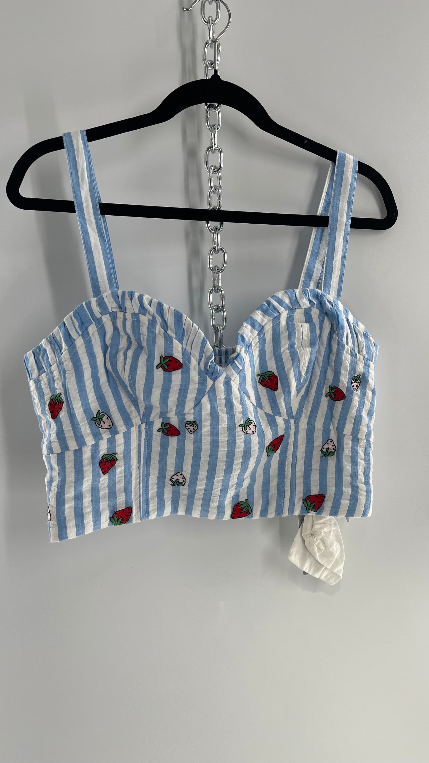 Maeve Anthropologie Baby Blue White Striped Corset Like Crop with Embroidered Strawberries with Tags Attached (12)