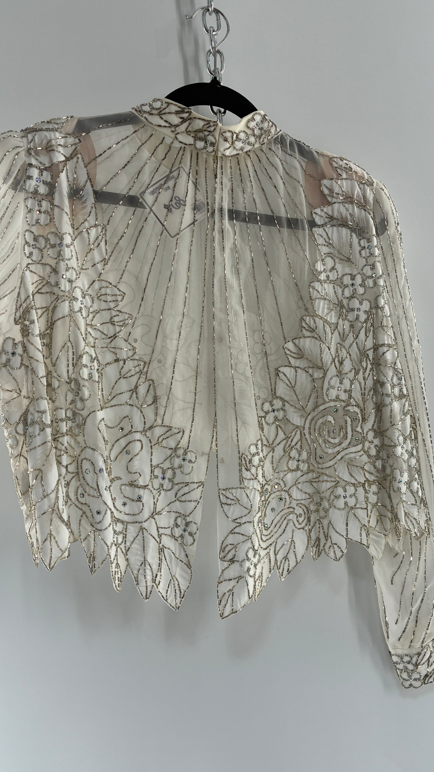 Vintage Sheer White Bridal Beaded Open Back Floral Blouse with High Neck (Medium)