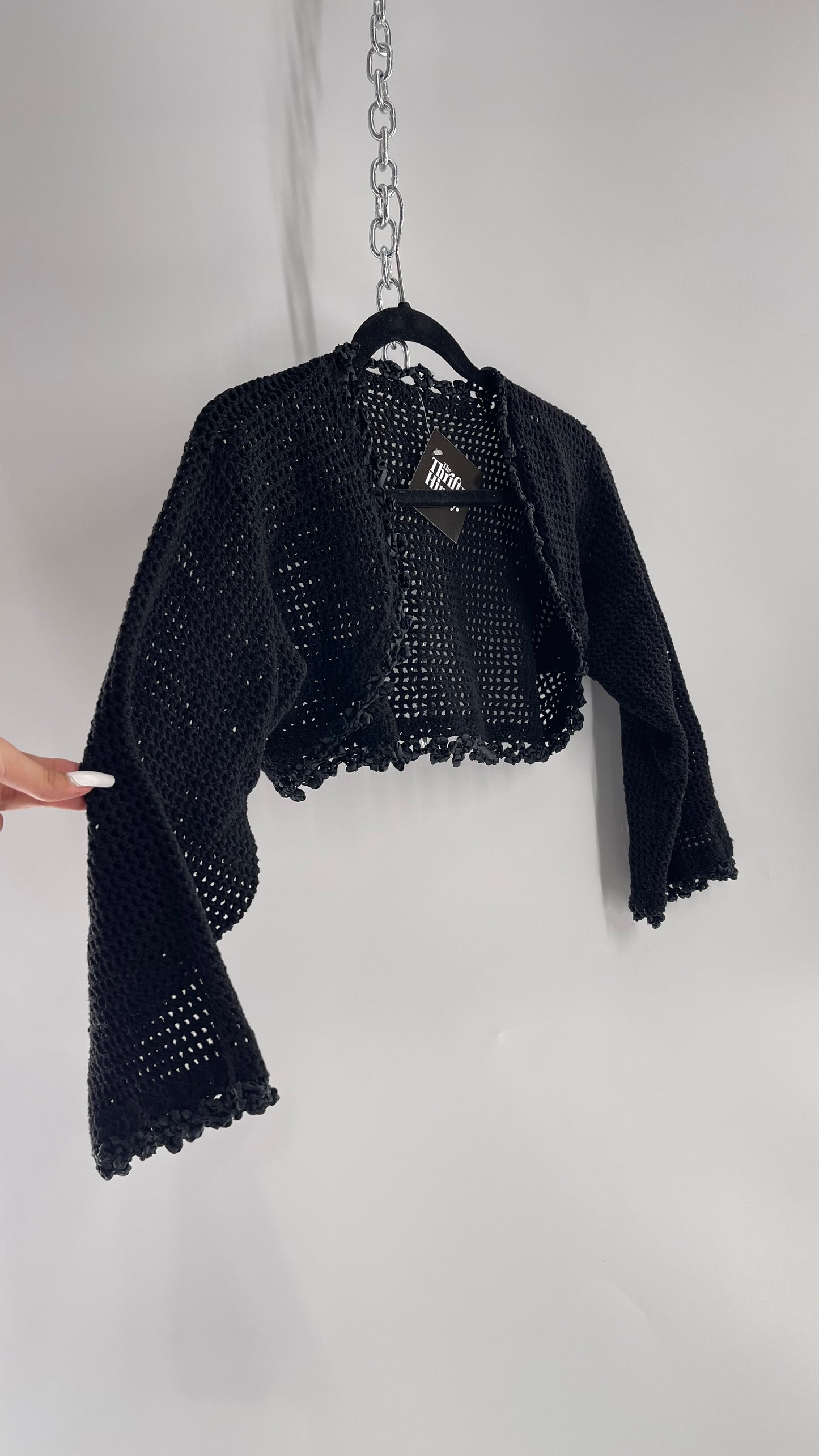 Vintage Black Hand Knit Crochet Shrug with Ribbon Detailing (Medium)