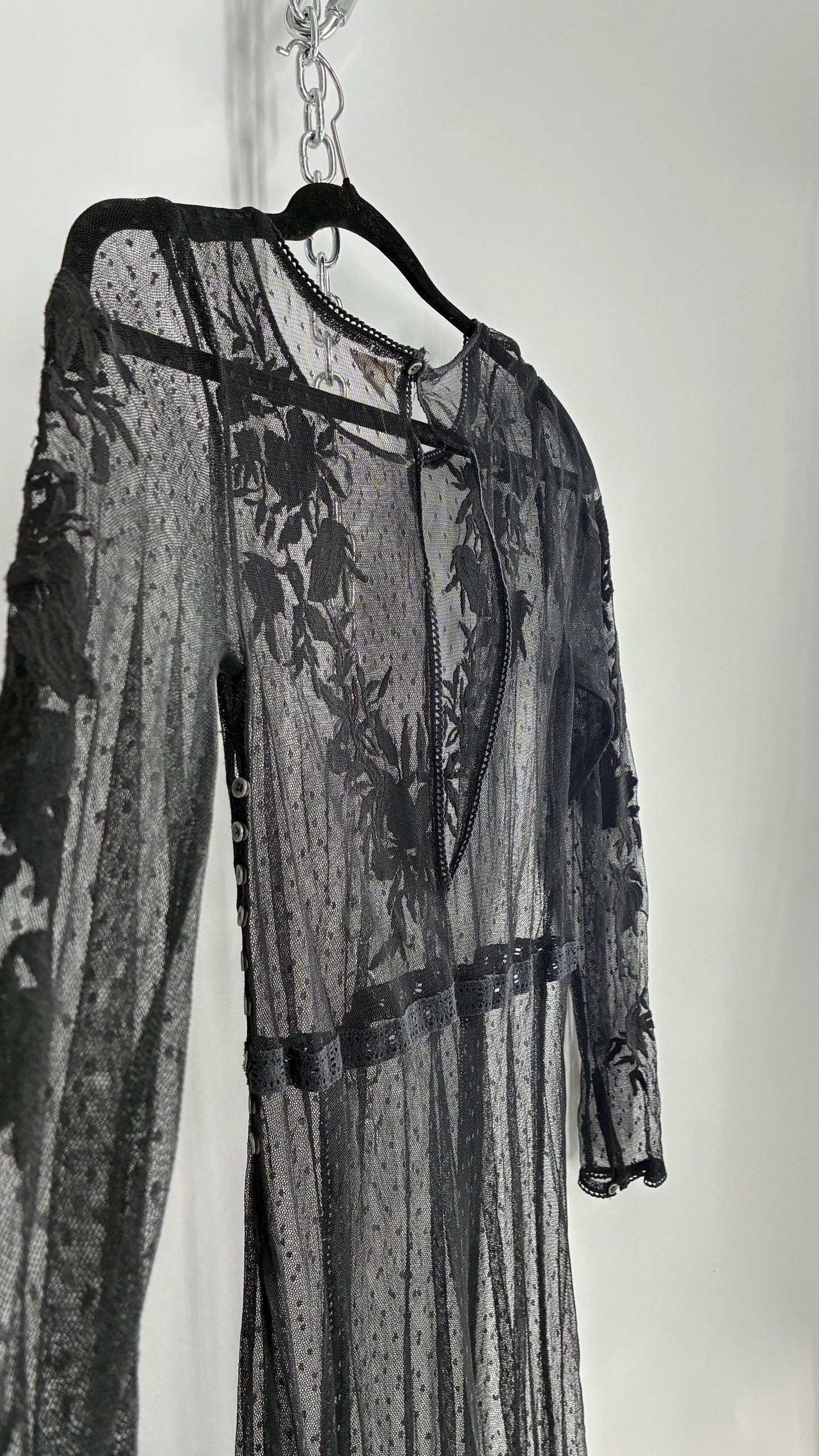 ECOTE Sheer Mesh Full Length Dress with Lace Appliqué Sleeves and Bust (Medium)