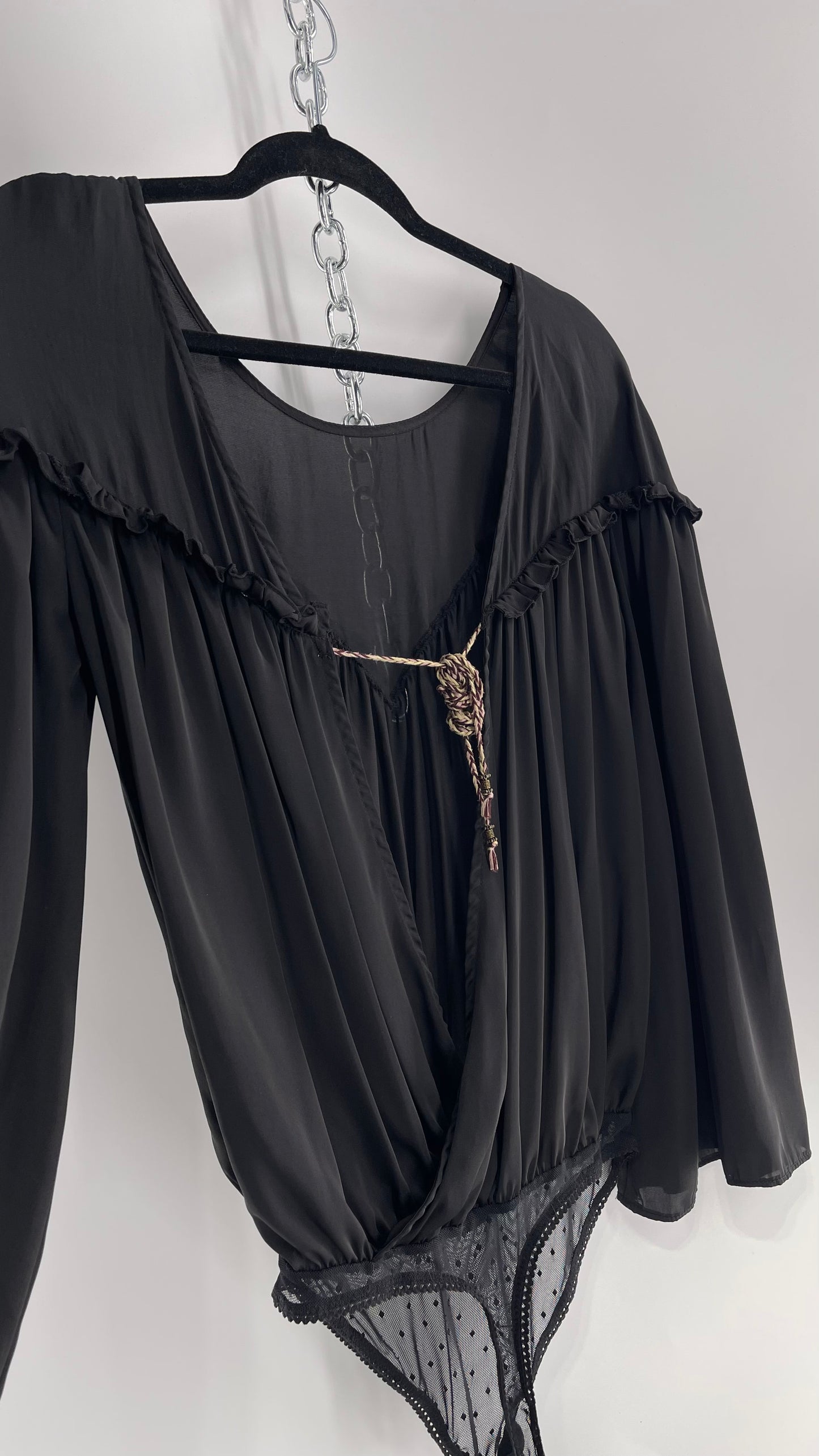 Free People Black Silky Ruffled Sweetheart Neckline Detail with Pleated Bodice and Open Back (XS)