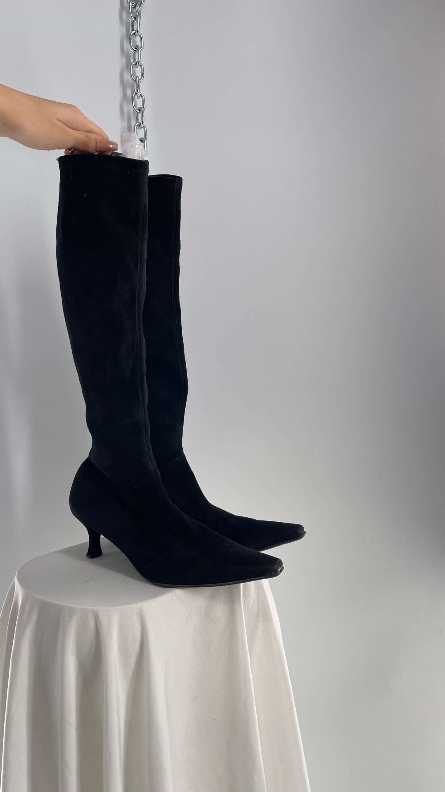 Vintage 1990s Stuart Weizmann Black Suede Leather Kitten Heel Pointed Toe Knee Highs (8.5)