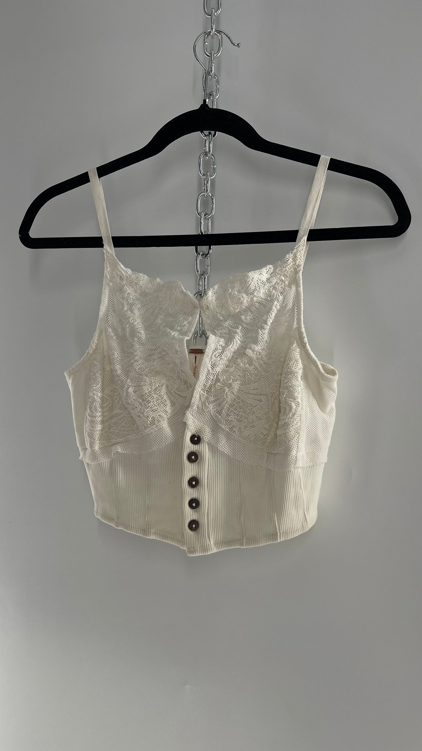 Free People White Tank with Lace Bust and High Neckline and Buttoned Bodice (S)