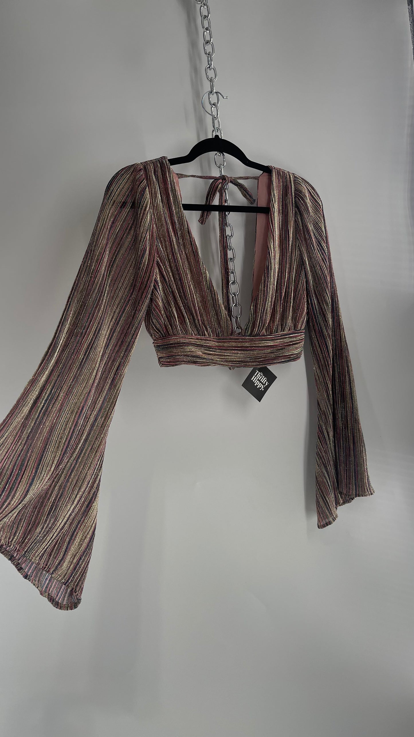 House of Harlow Metallic Striped Crop with Open Back and Bell Sleeves (Small)