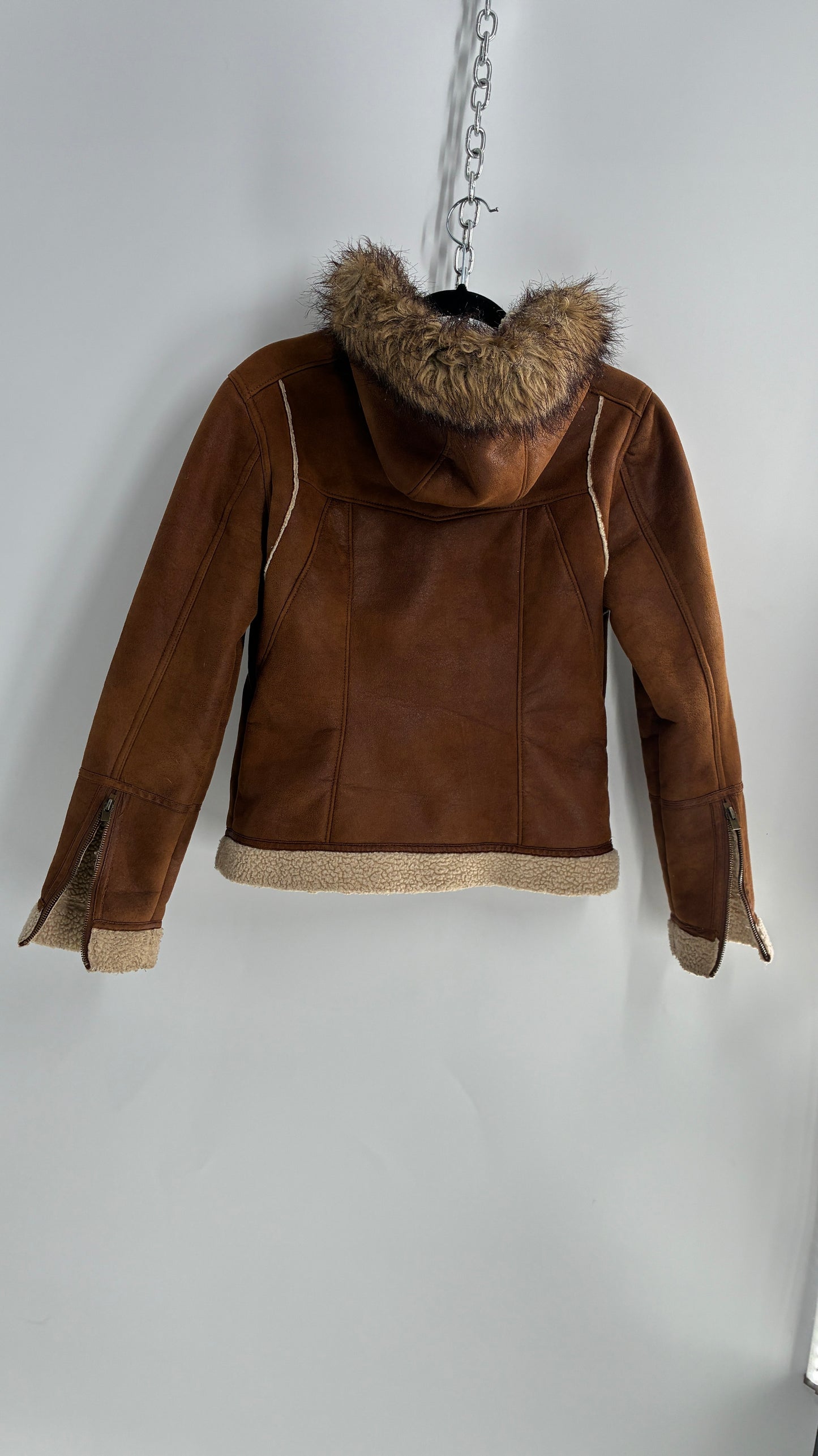 Vintage LEI Vegan Suede Sherpa Jacket with Faux Fur Hood (Small)