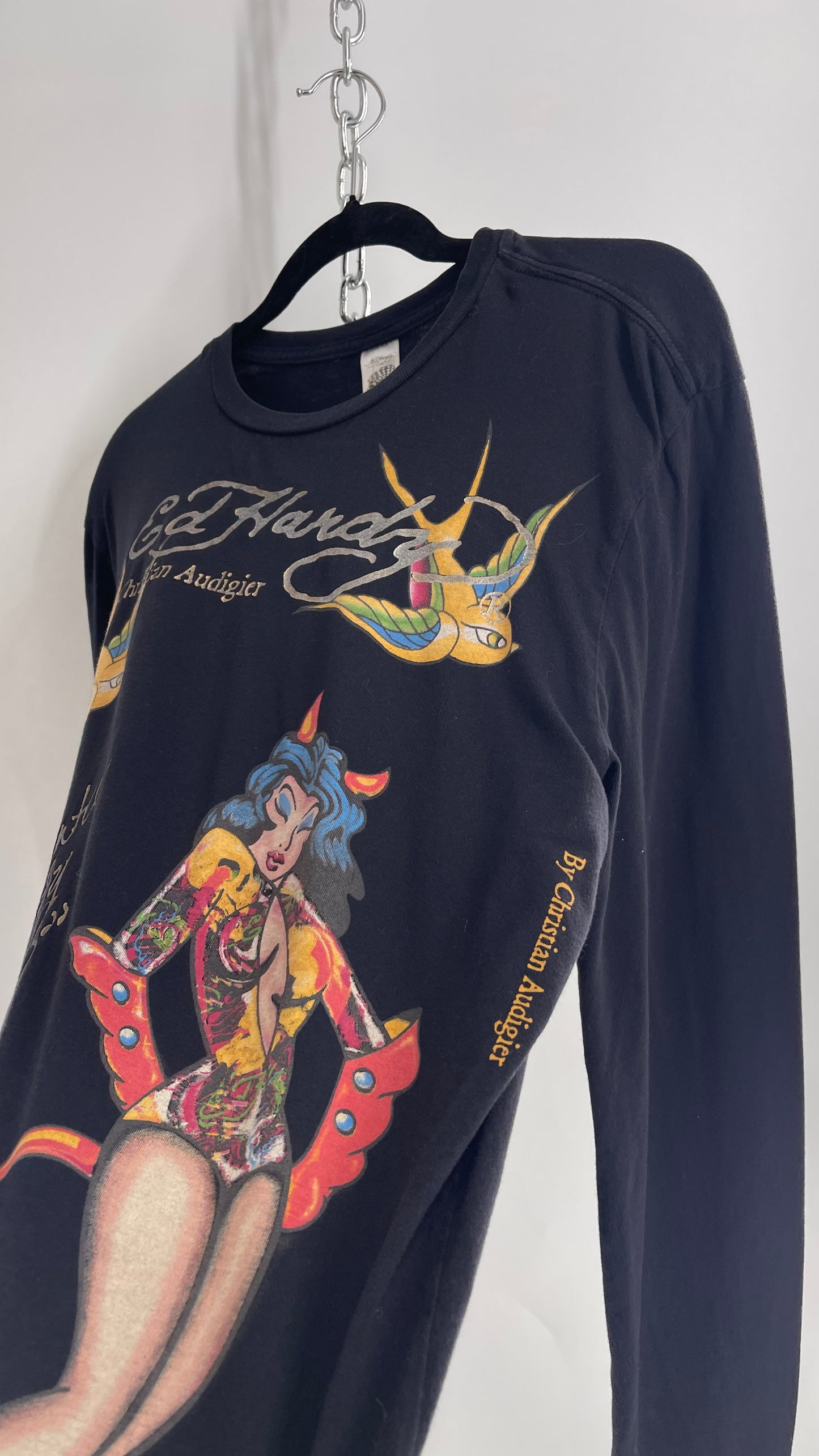 Rare Vintage Ed Hardy Pin Up Style Graphic Long Sleeve (Large)