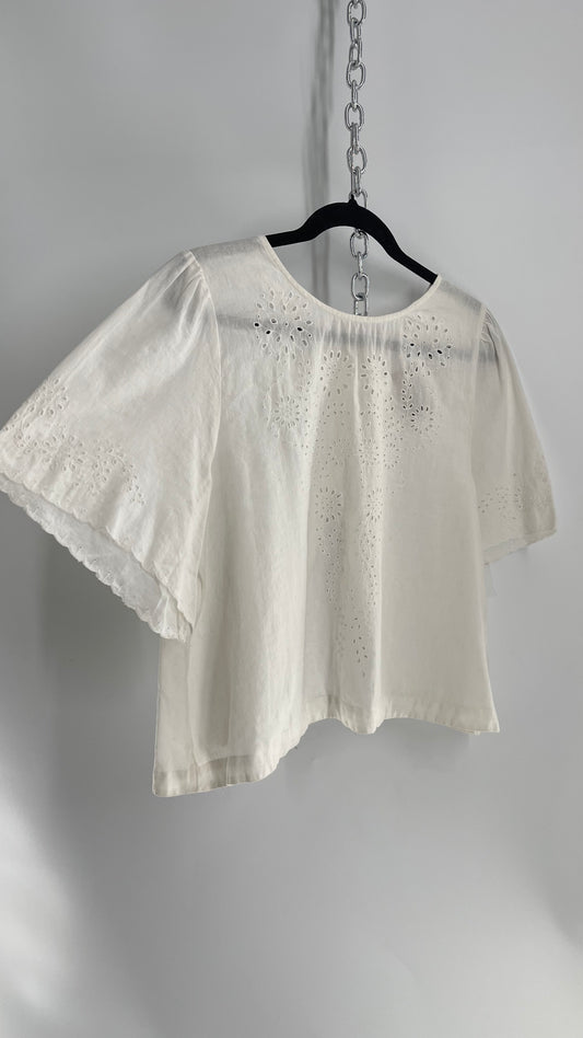 Free People Off White Cotton Open Back Eyelet Lace Short Sleeve (Medium)