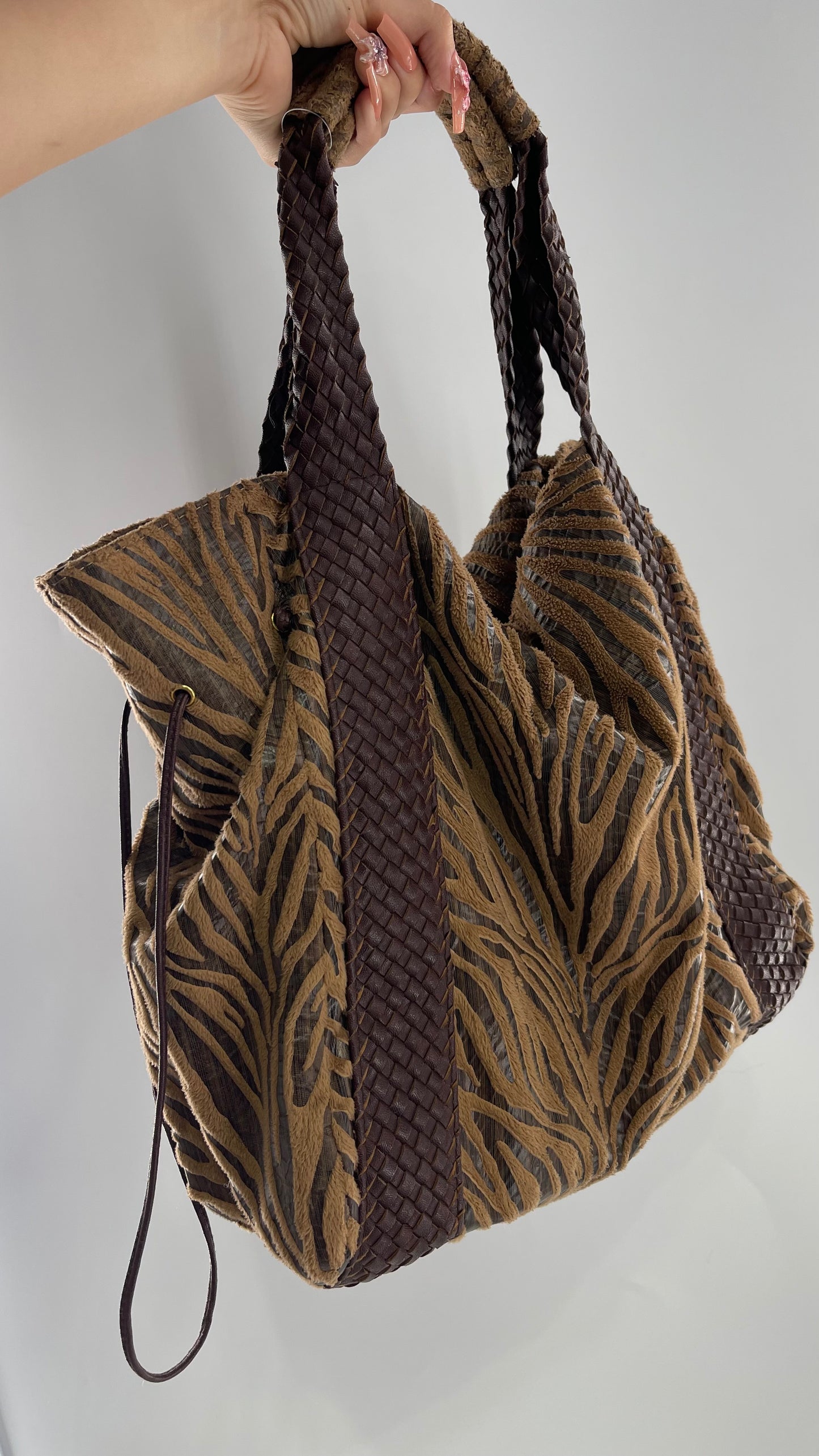 VINTAGE BRACIANO Zebra Textured Slouchy Bag with Braided Leather Straps