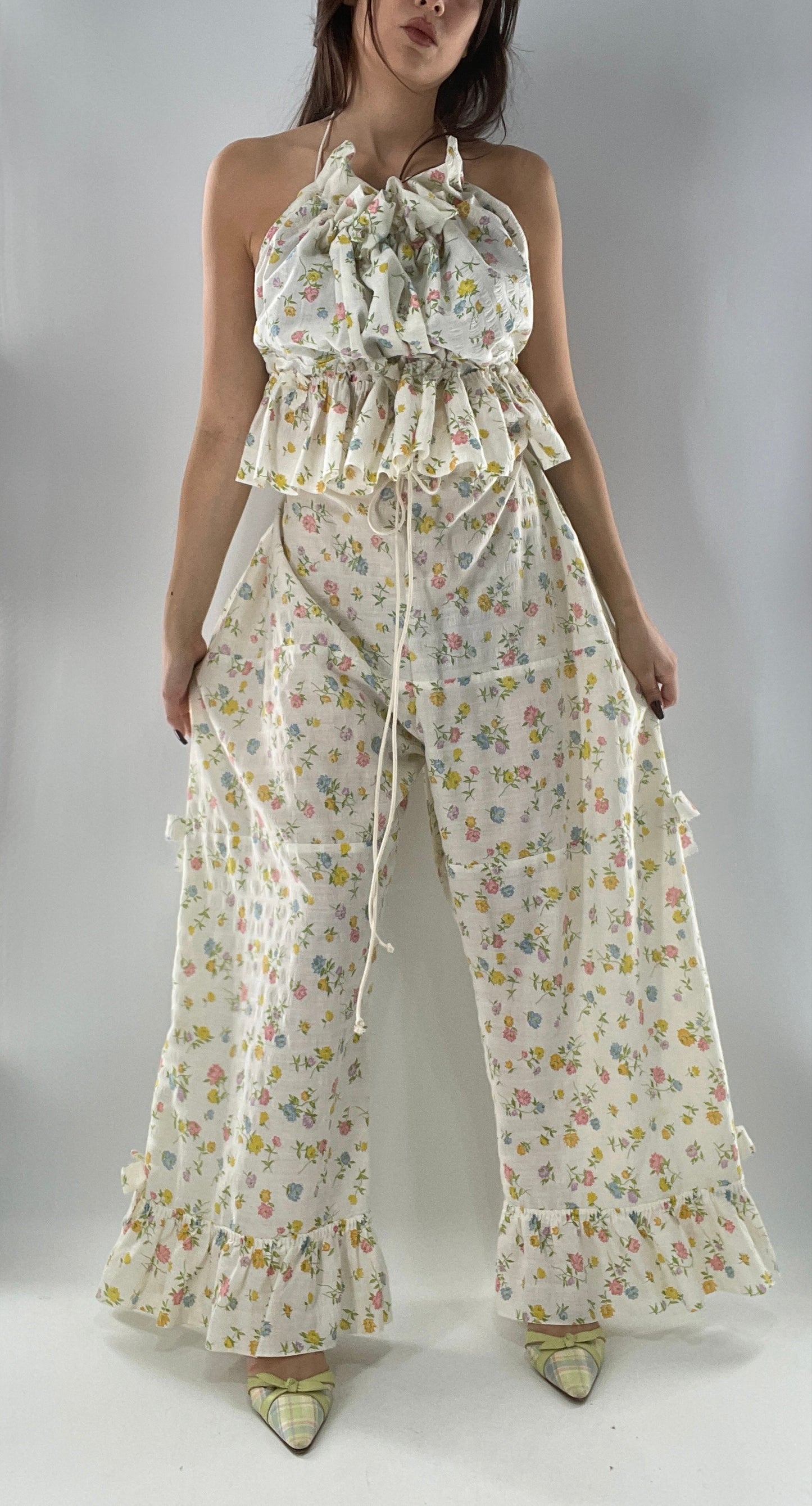 Remade* Vintage 2 Piece Floral Babydoll Set with Adjustable Top and Adjustable Pants Featuring Bow Sides and Ruffles Bum (One Size)