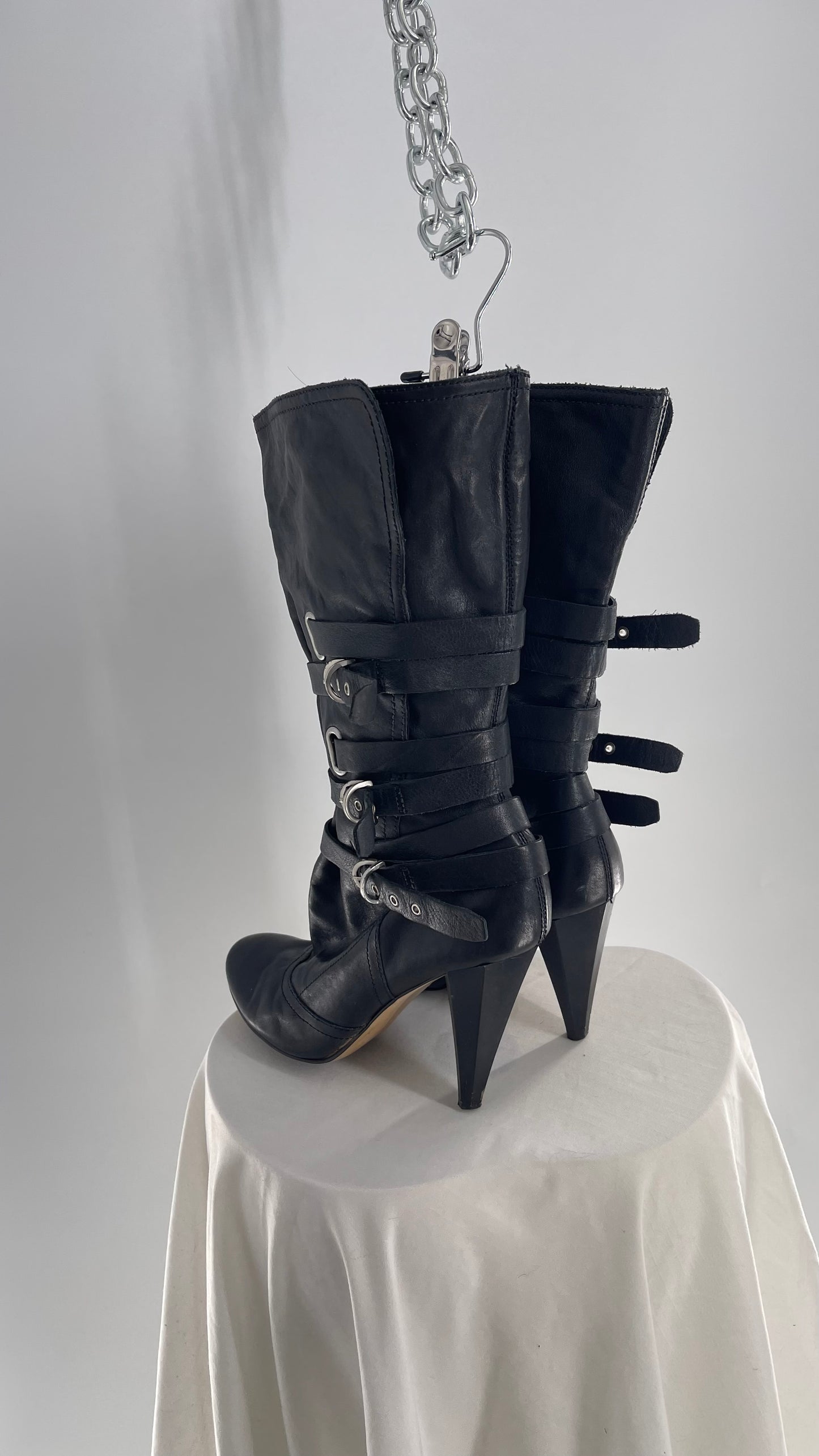 Vintage Black Leather Round Toe Knee High Boot Heel with Multiple Strap/Buckle Details (8.5)