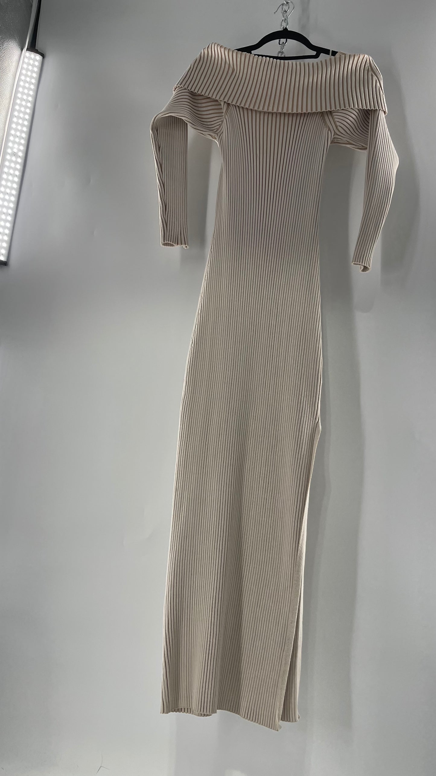 Anthropologie Beige Knit BodyCon Full Length Dress with Thick Off the Shoulder Band (Large)