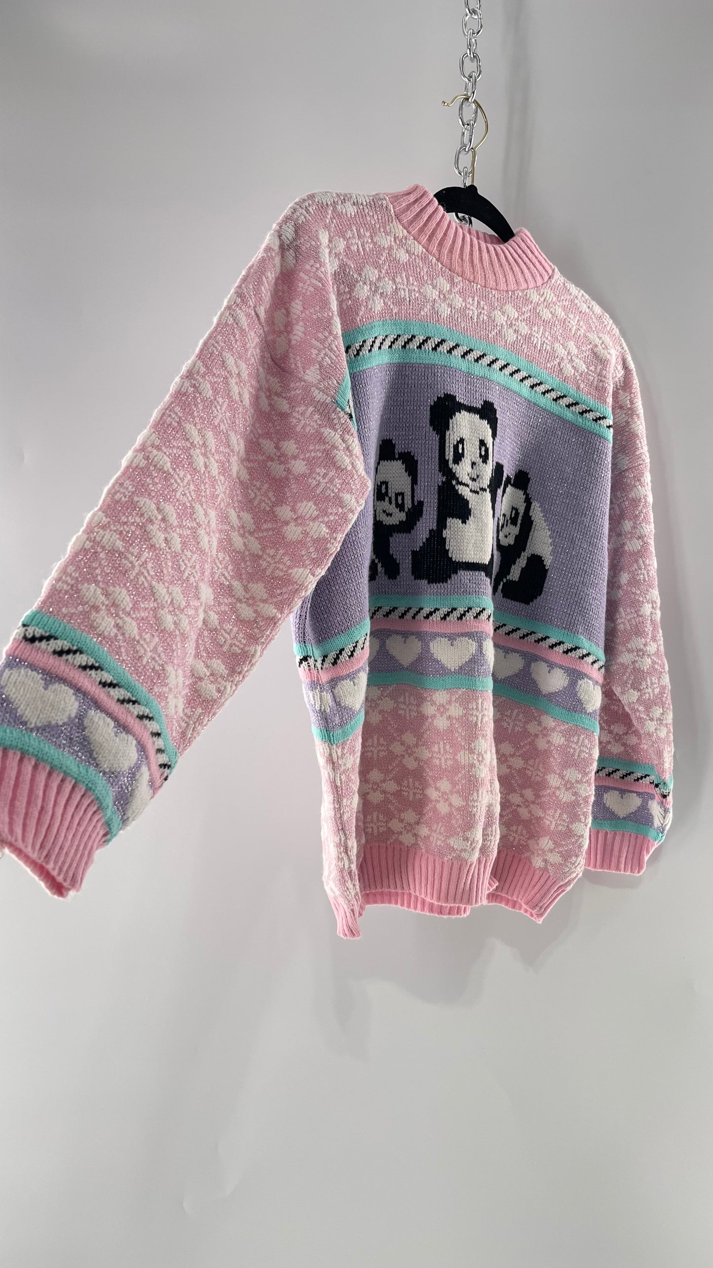 RARE 80s Vintage Adele Pastel Pink, Purple, Mint Silver Tinsel Sweater with Anime/Manga Art Style Pandas (Medium)