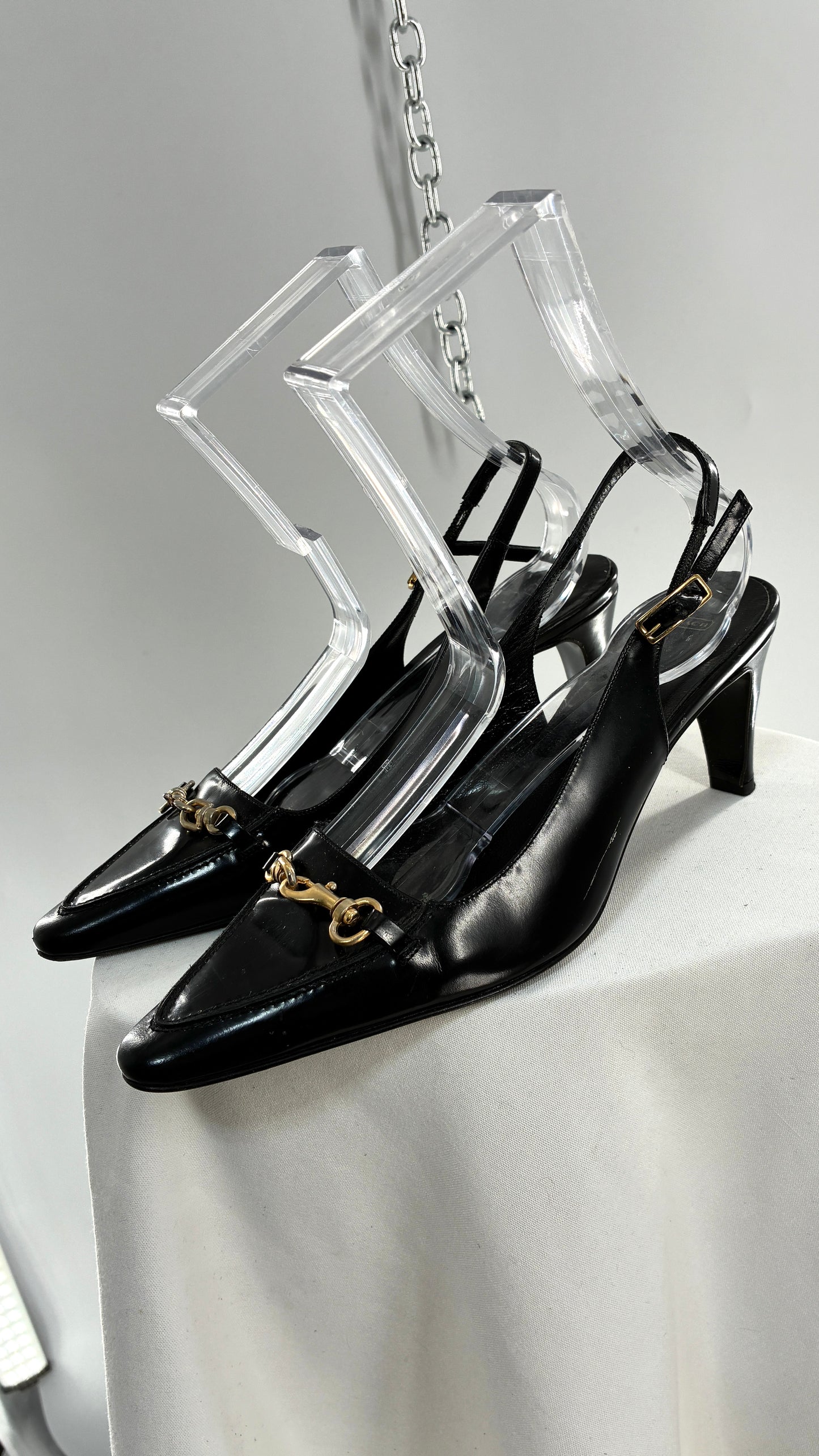 Vintage COACH Black Patent Leather Sling Back Kitten Heel with Brass Closure Detail (8.5)