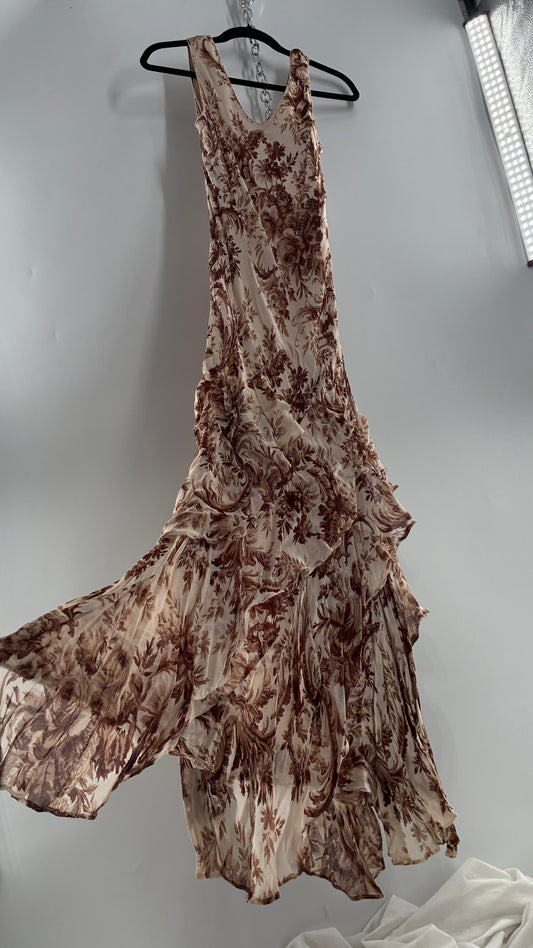 Vintage MAJICK 1990s Brown Floral, Asymmetric Ruffled Hem Gown with Embroidered Sequin Details (Medium)