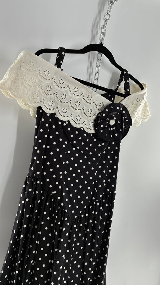 Vintage Handmade Black and White Polka Dot Pointed Waistline Gown with Off the Shoulder Stiff Lace Straps and Rosette Detail (8)