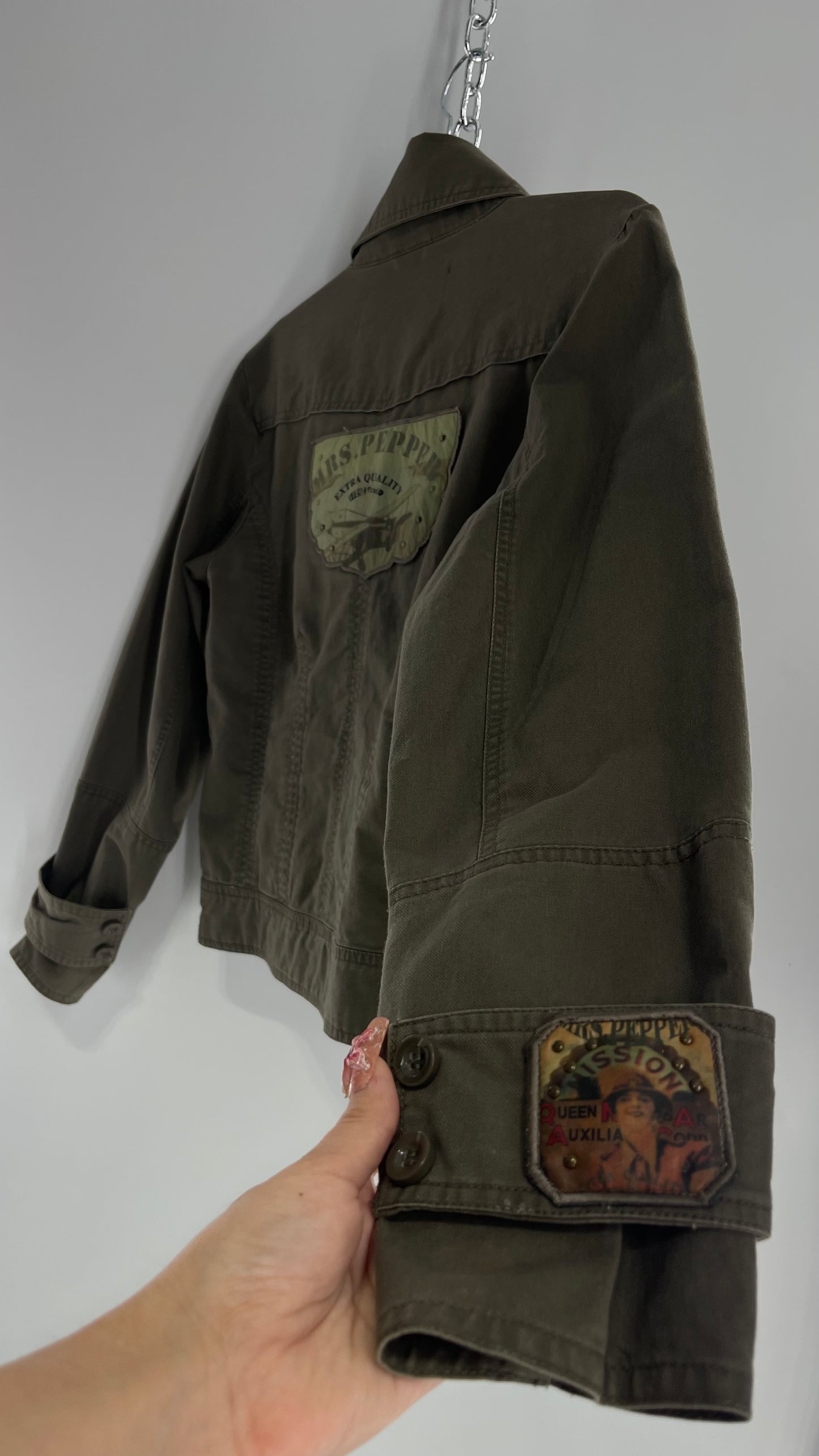 Vintage Mrs.Pepper Army Olive Green Jacket with Military Style Patches and Cuffs (Small)