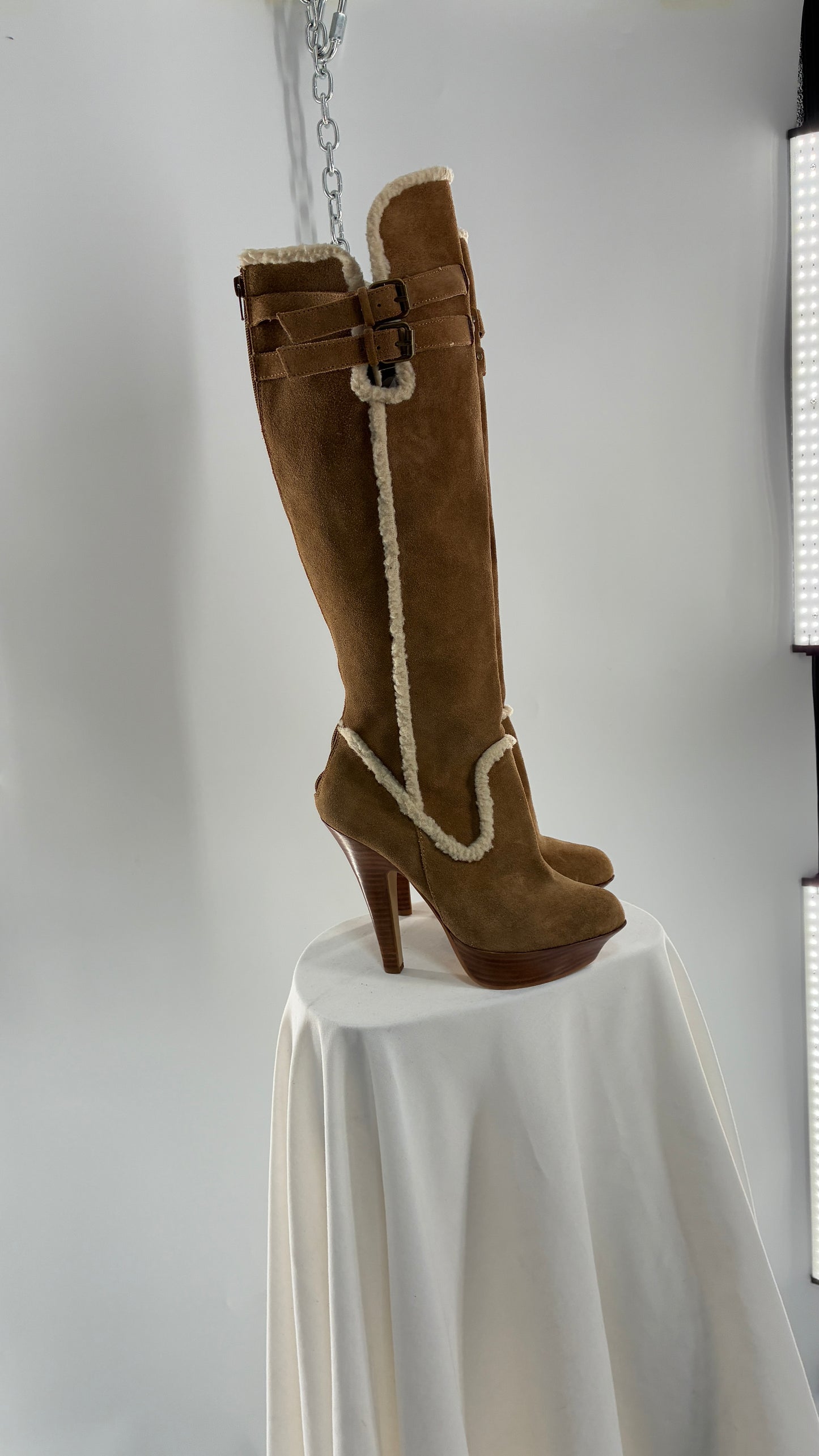 Vintage BEBE Genuine Suede Leather Stiletto, Platform Knee High Boots with Shearling Piping (8B)