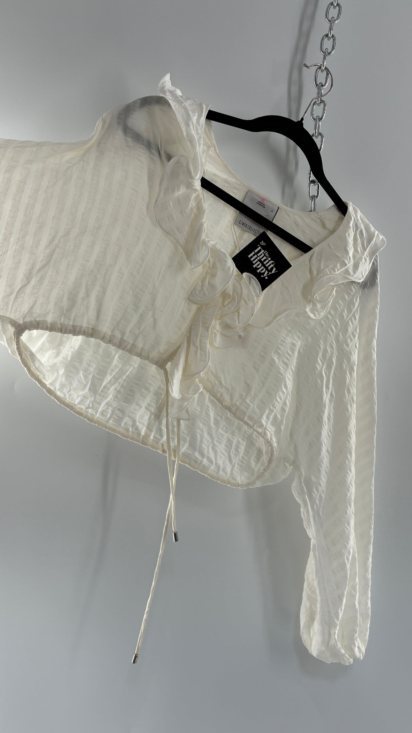 CMEO Collective White Balloon Sleeve Blouse with Ruffled, Button Up Neckline and Adjustable Drawstring Waist (XS 0-2)